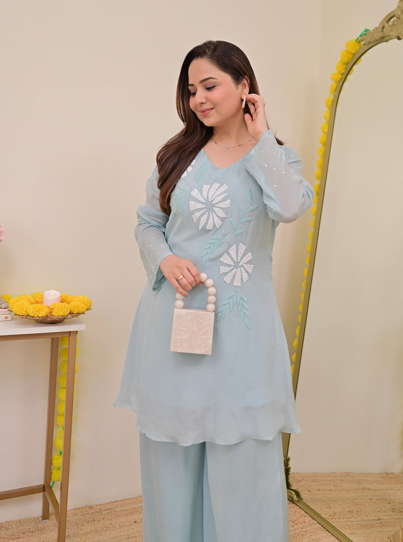 Powder Blue Handwork Chinnon Festive Co-ord