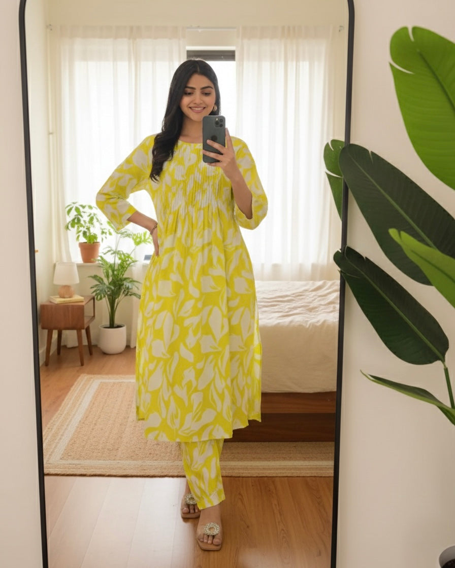 Greenish Yellow Pintex Floral Premium Cotton Co-ord