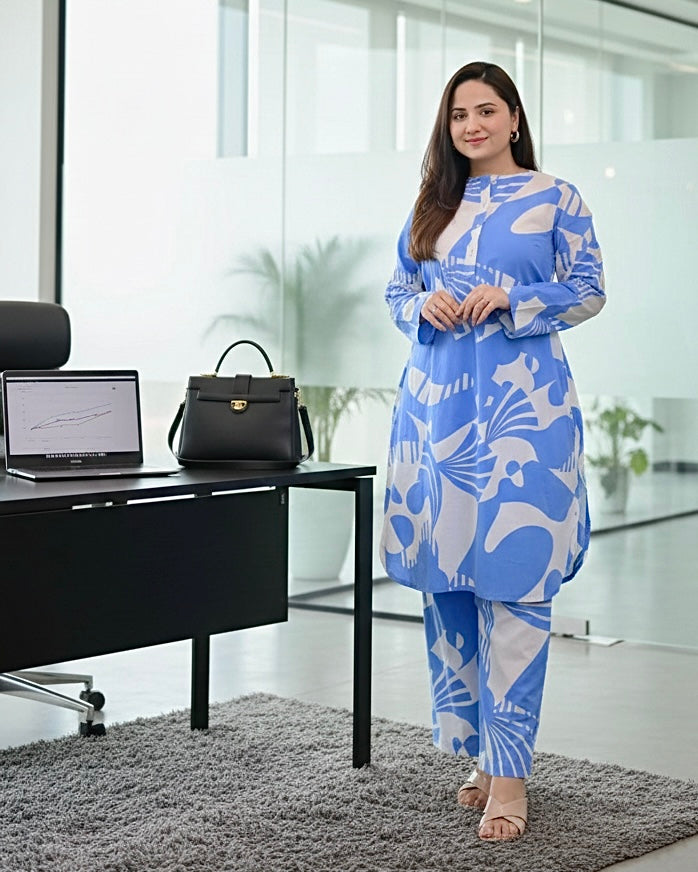 Sky Blue Abstract Printed Premium Cotton Co-ord