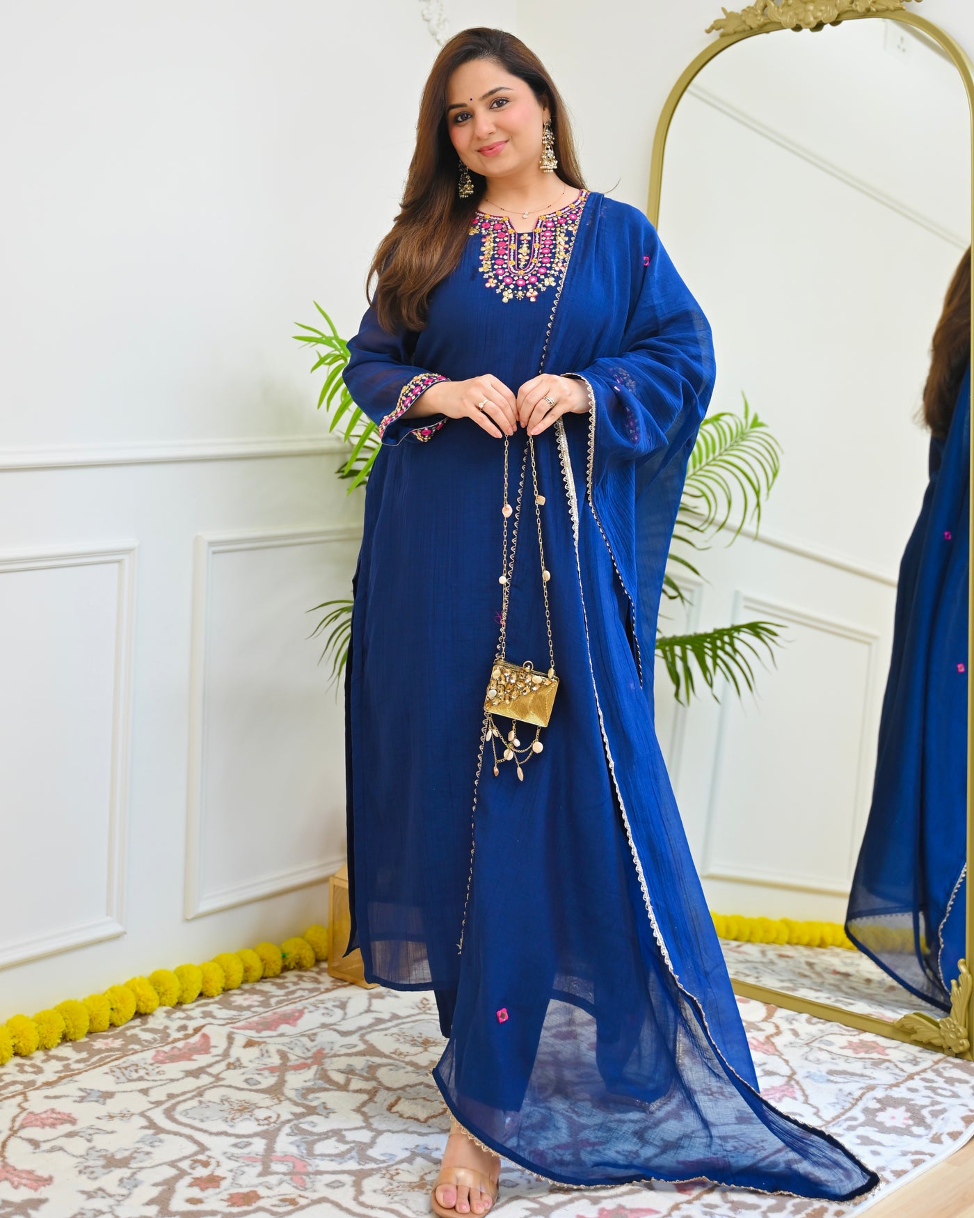 Blue Jewel Mirrorwork Mul Chanderi Suit