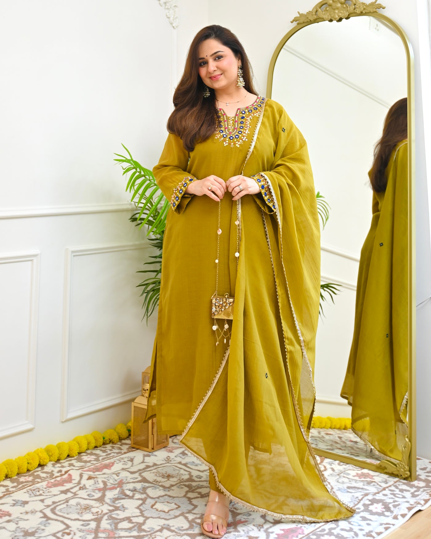 Olive Mustard Jewel Mirrorwork Mul Chanderi Suit