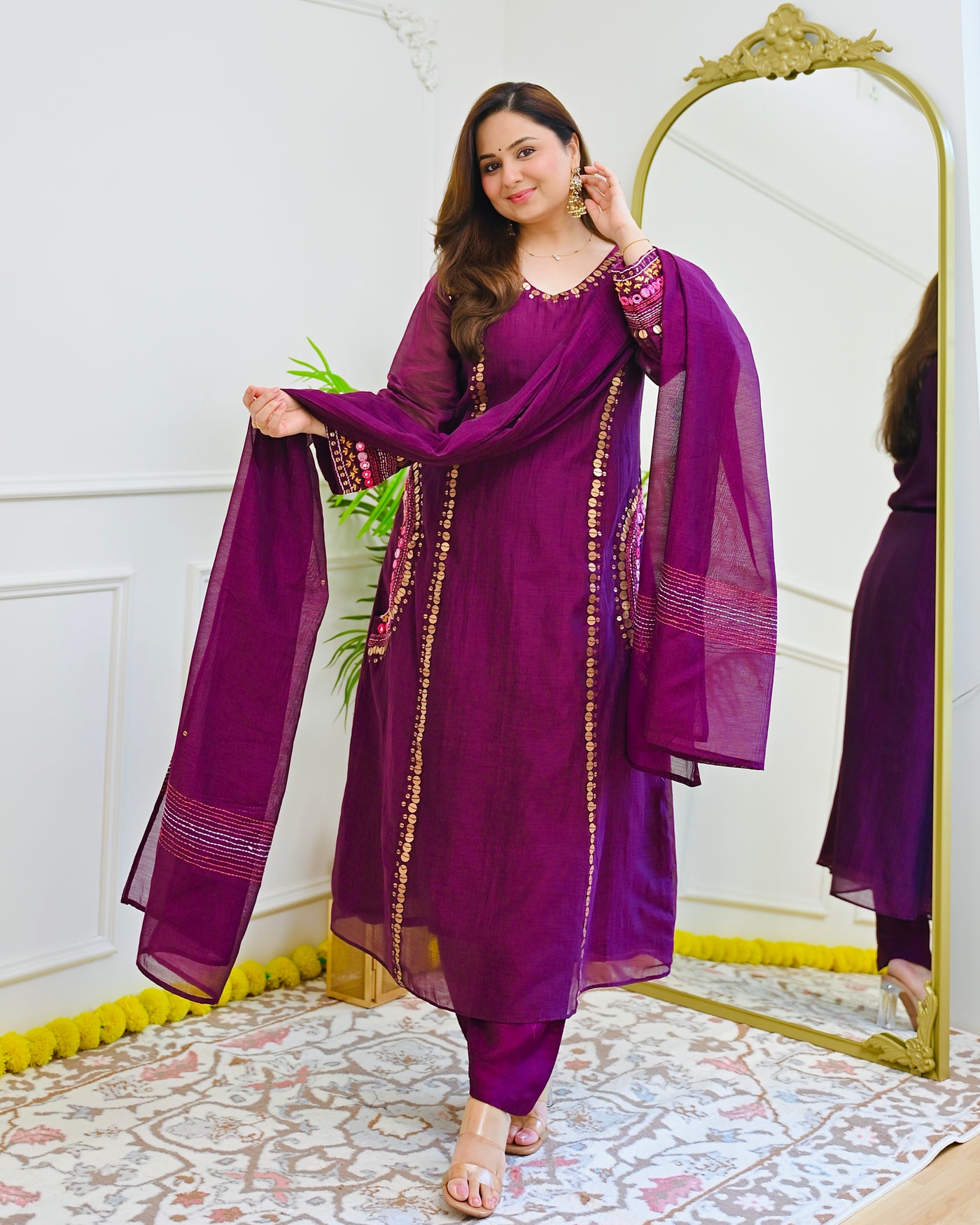 Deep Plum Handwork Mul Chanderi A Line Suit
