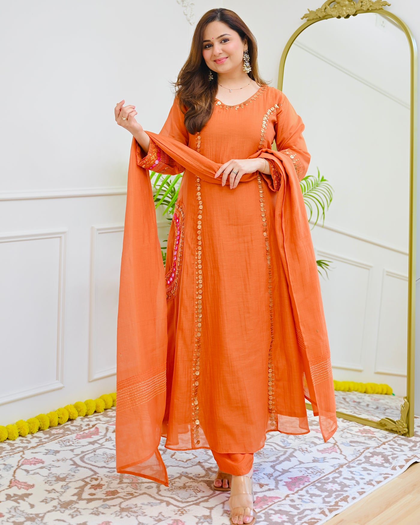 Tangerine Orange Handwork Mul Chanderi A Line Suit