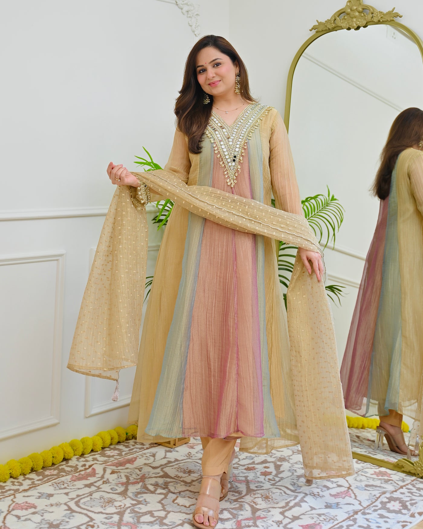 Pastel Radiance Mirror Handwork Crushed Tissue A Line Suit