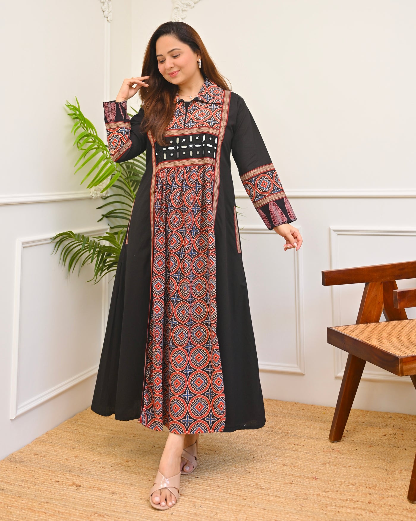 Black Mehr Ajrakh Mirrorwork Cotton Kurta Dress
