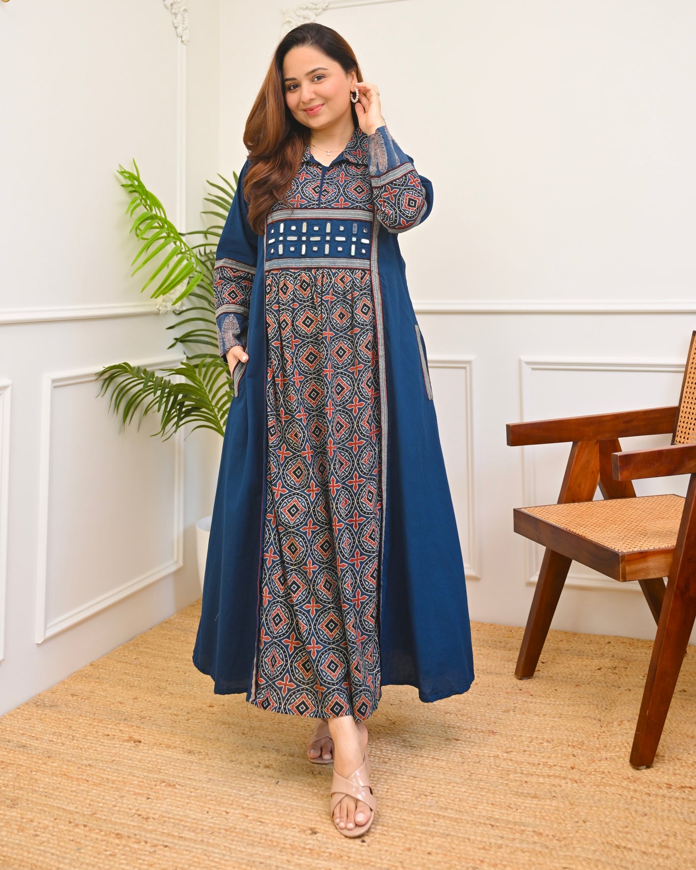 Azure Blue Ajrakh Mirrorwork Cotton Kurta Dress