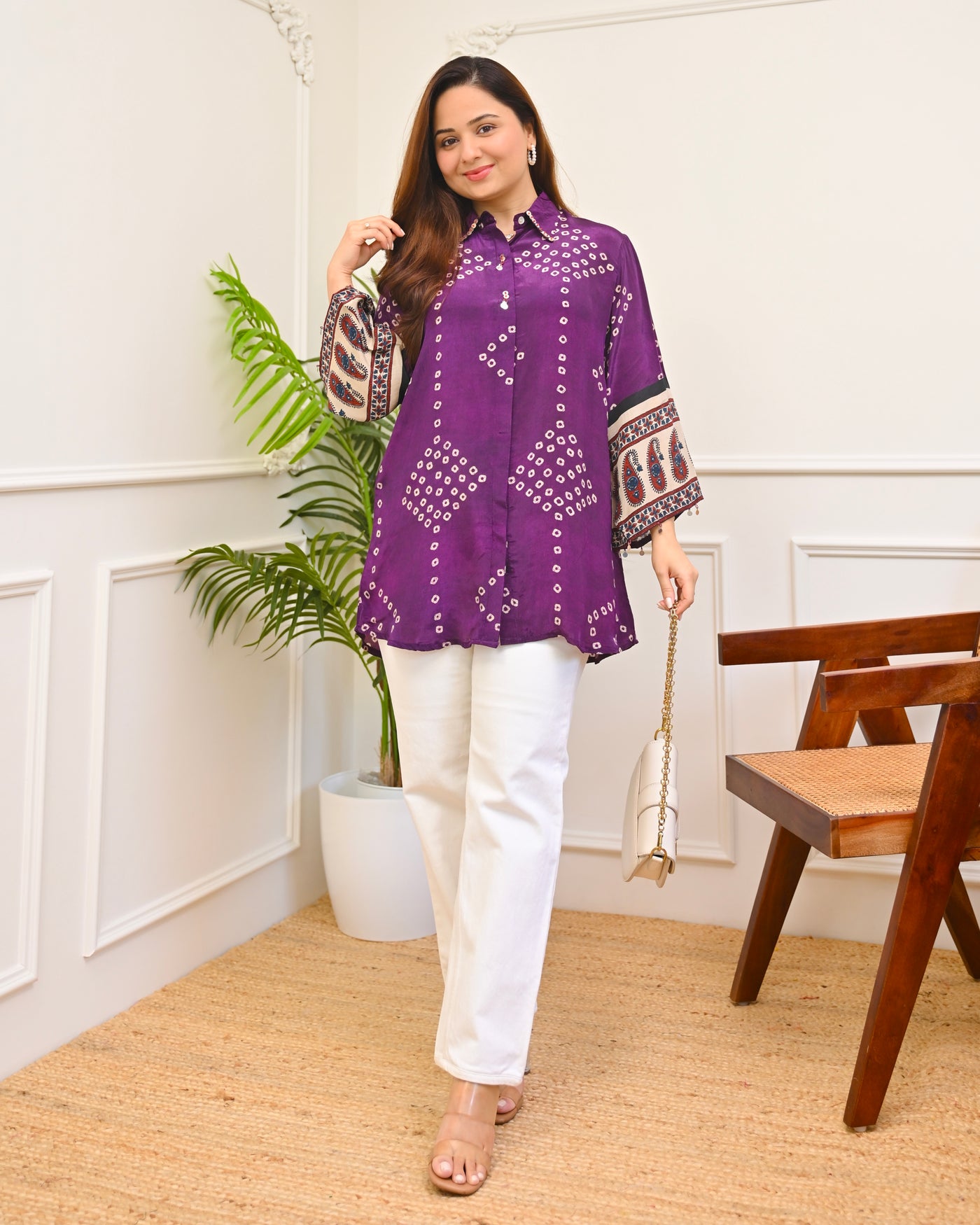 Purple Aura Bandhej Muslin Silk Shirt
