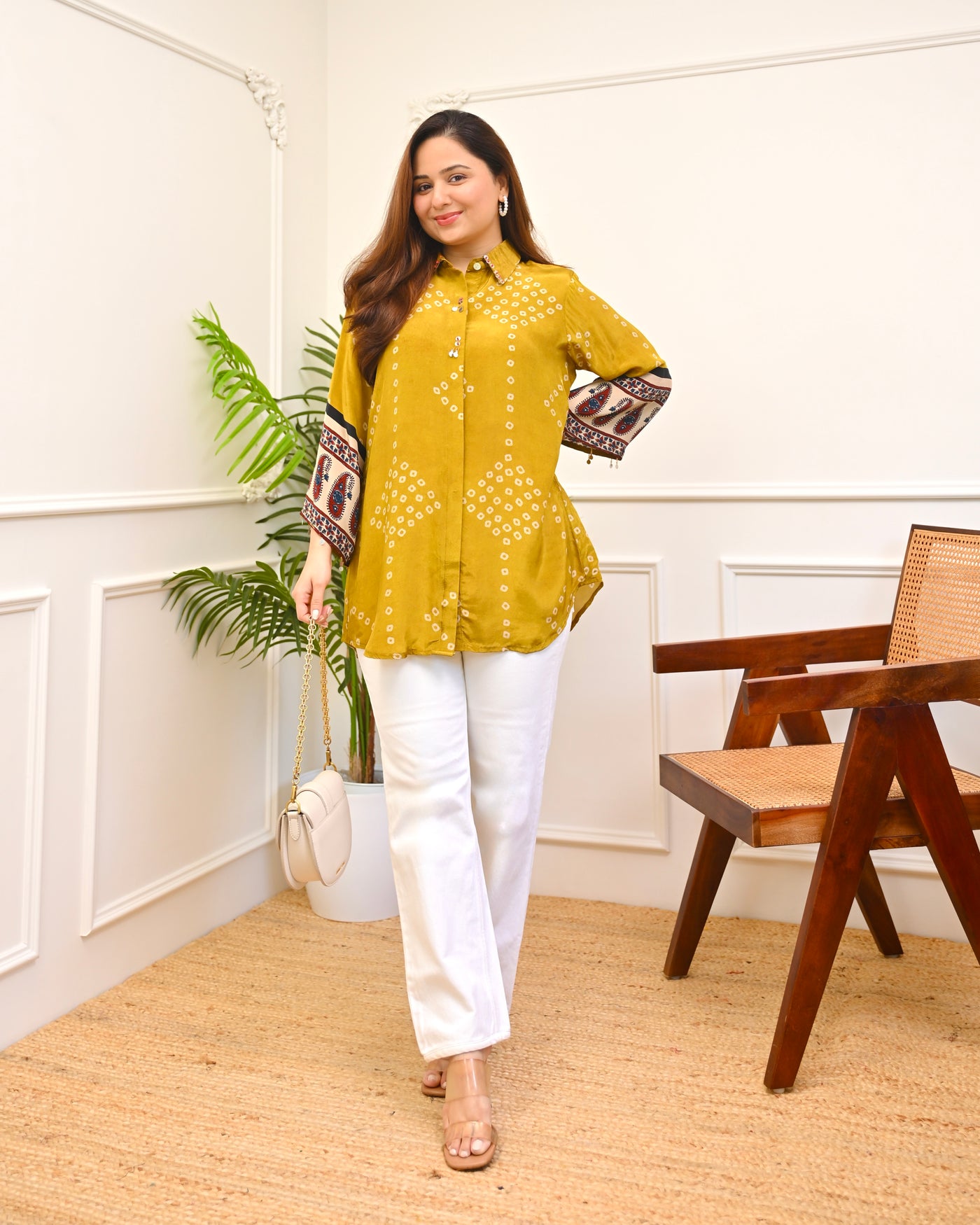 Ochre Yellow Grace Bandhej Muslin Silk Shirt