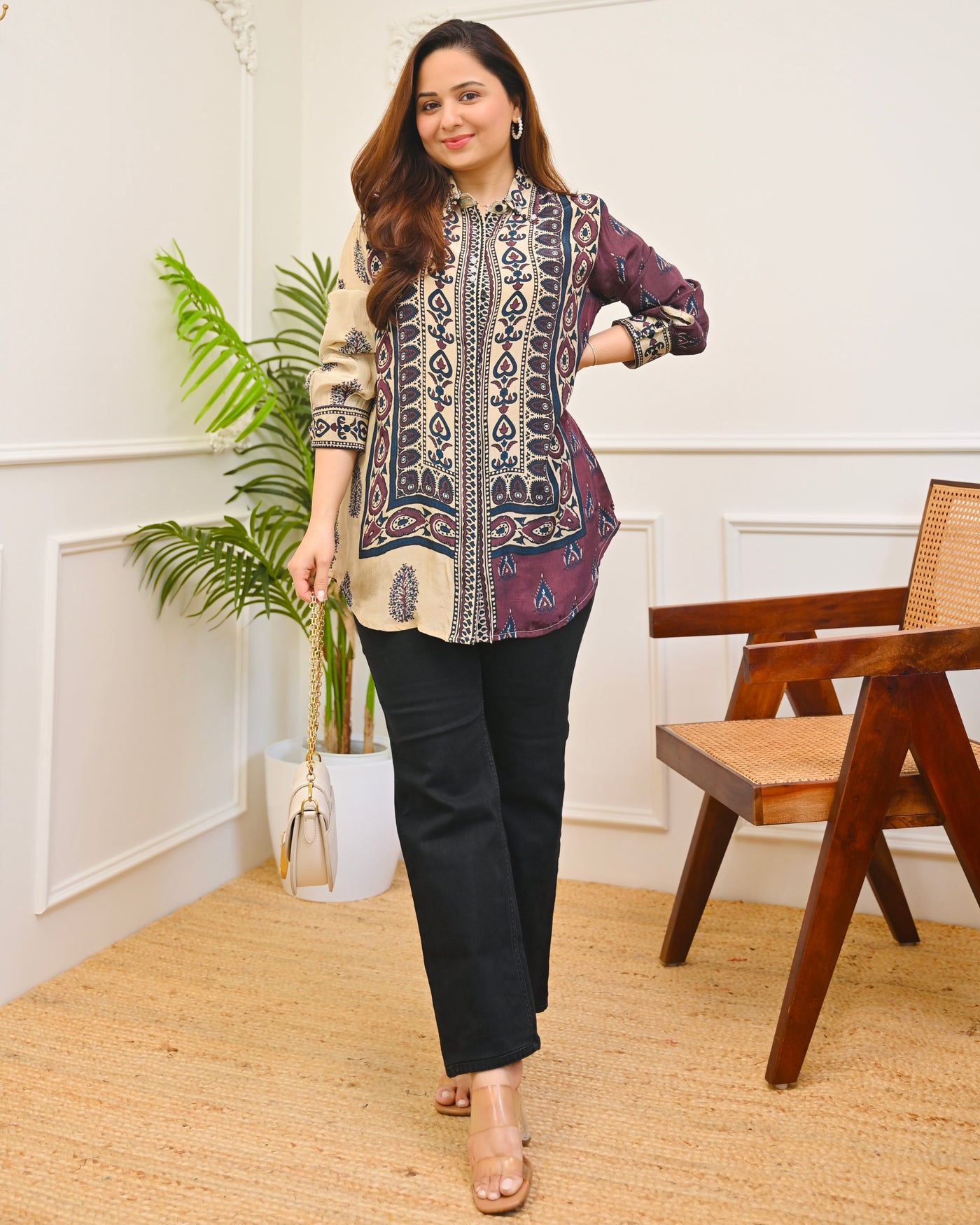 Ivory Wine Mehfil Ajrakh Muslin Silk Shirt