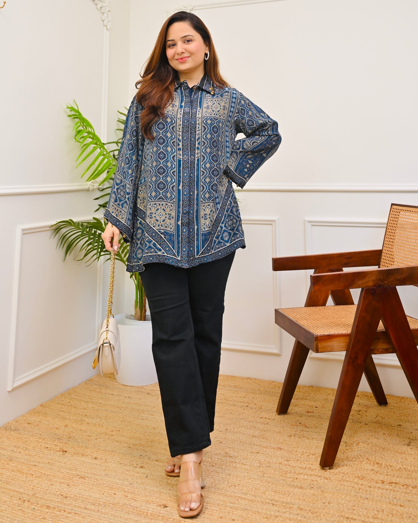 Sapphire Soiree Ajrakh Muslin Silk Shirt