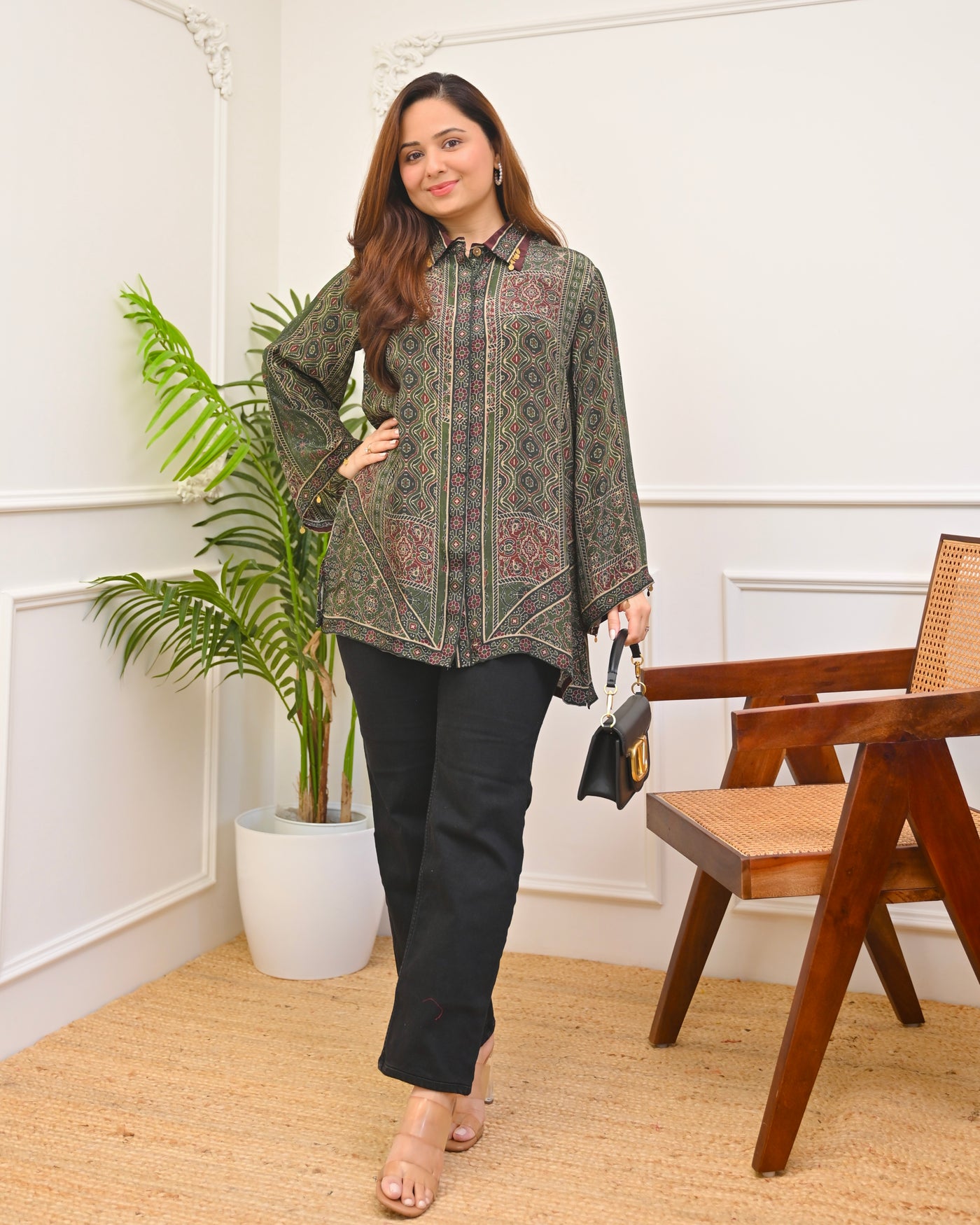 Forest Green Muse Ajrakh Muslin Silk Shirt