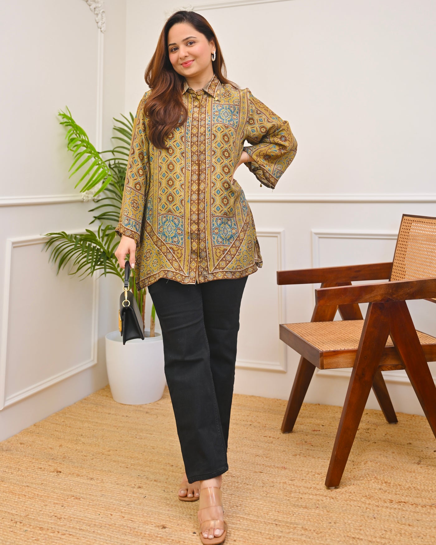 Mustard Mehfil Ajrakh Muslin Silk Shirt