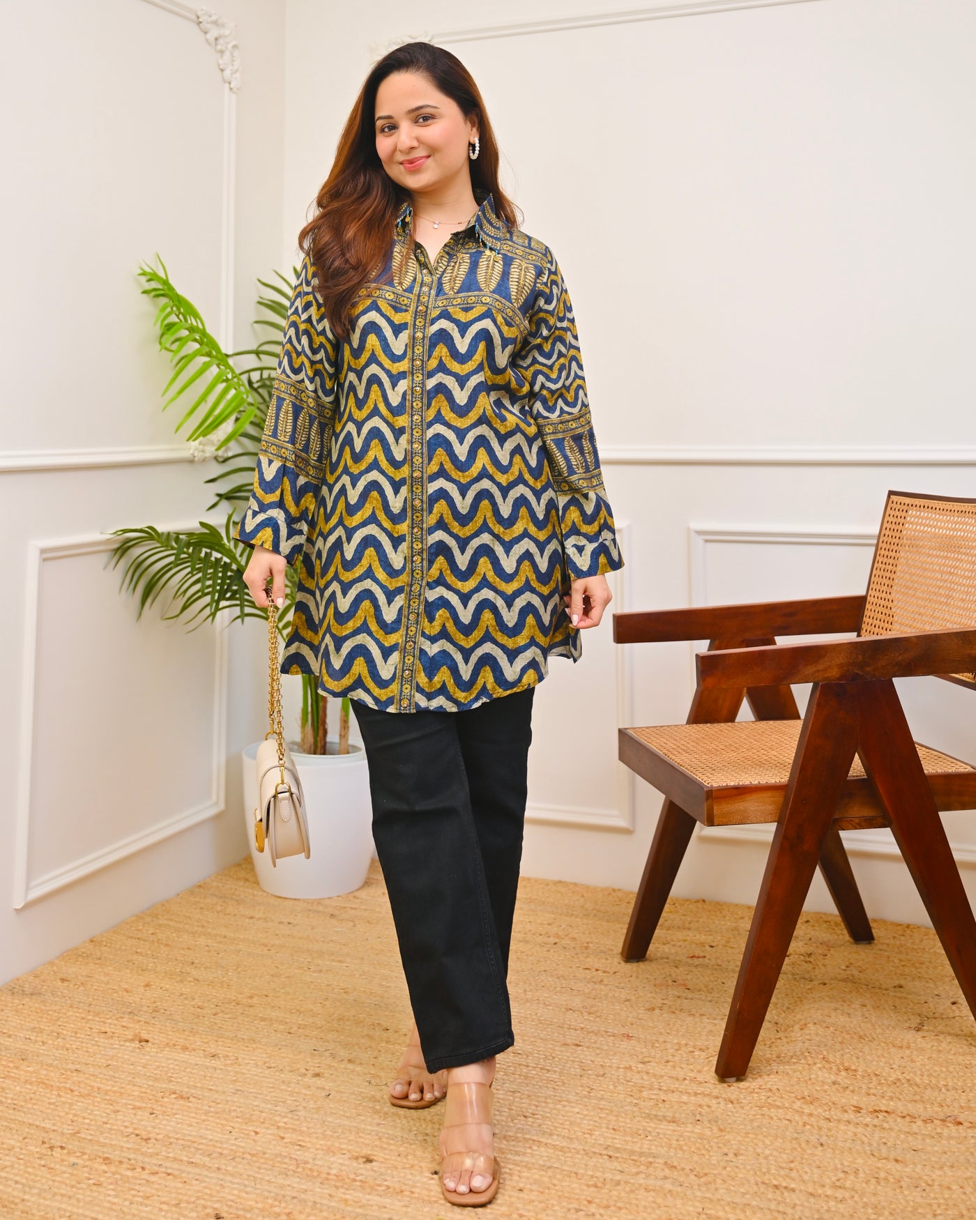 Royal Mustard Wave Muslin Silk Shirt