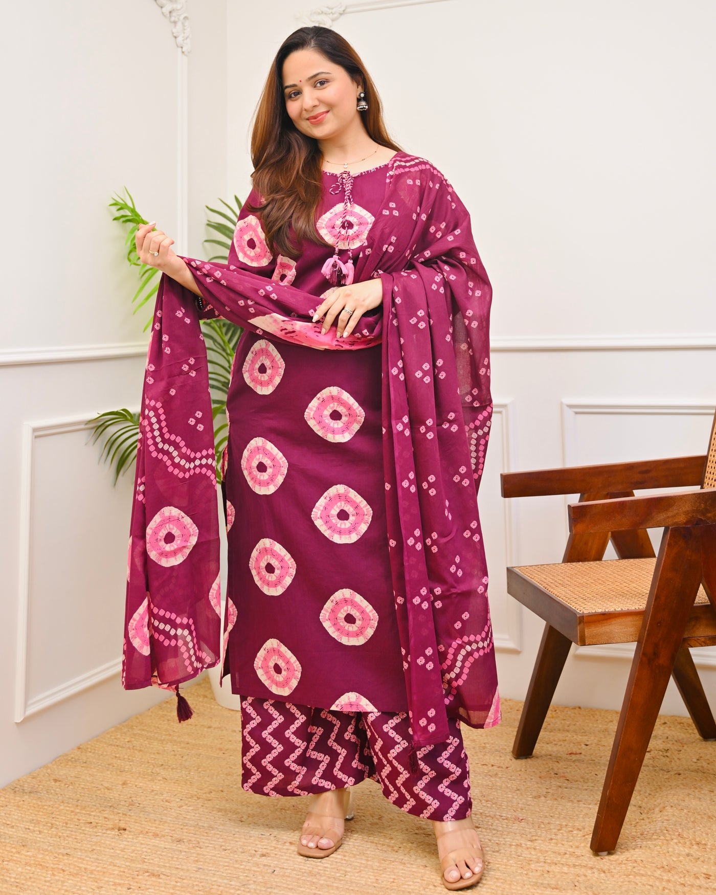 Wine Noor Bandhej Premium Cotton Suit