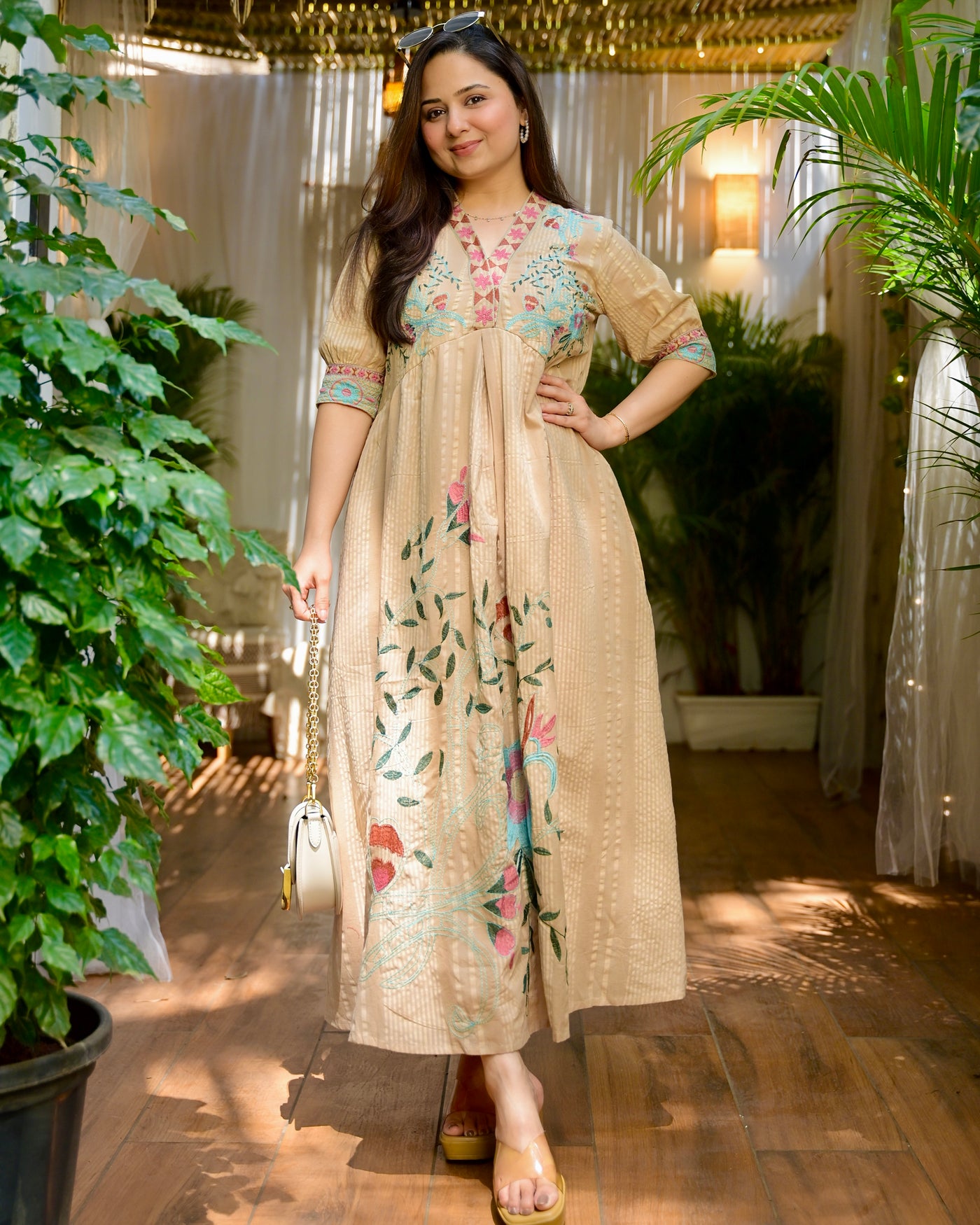 Champagne Garden Threaded Cotton A Line Dress