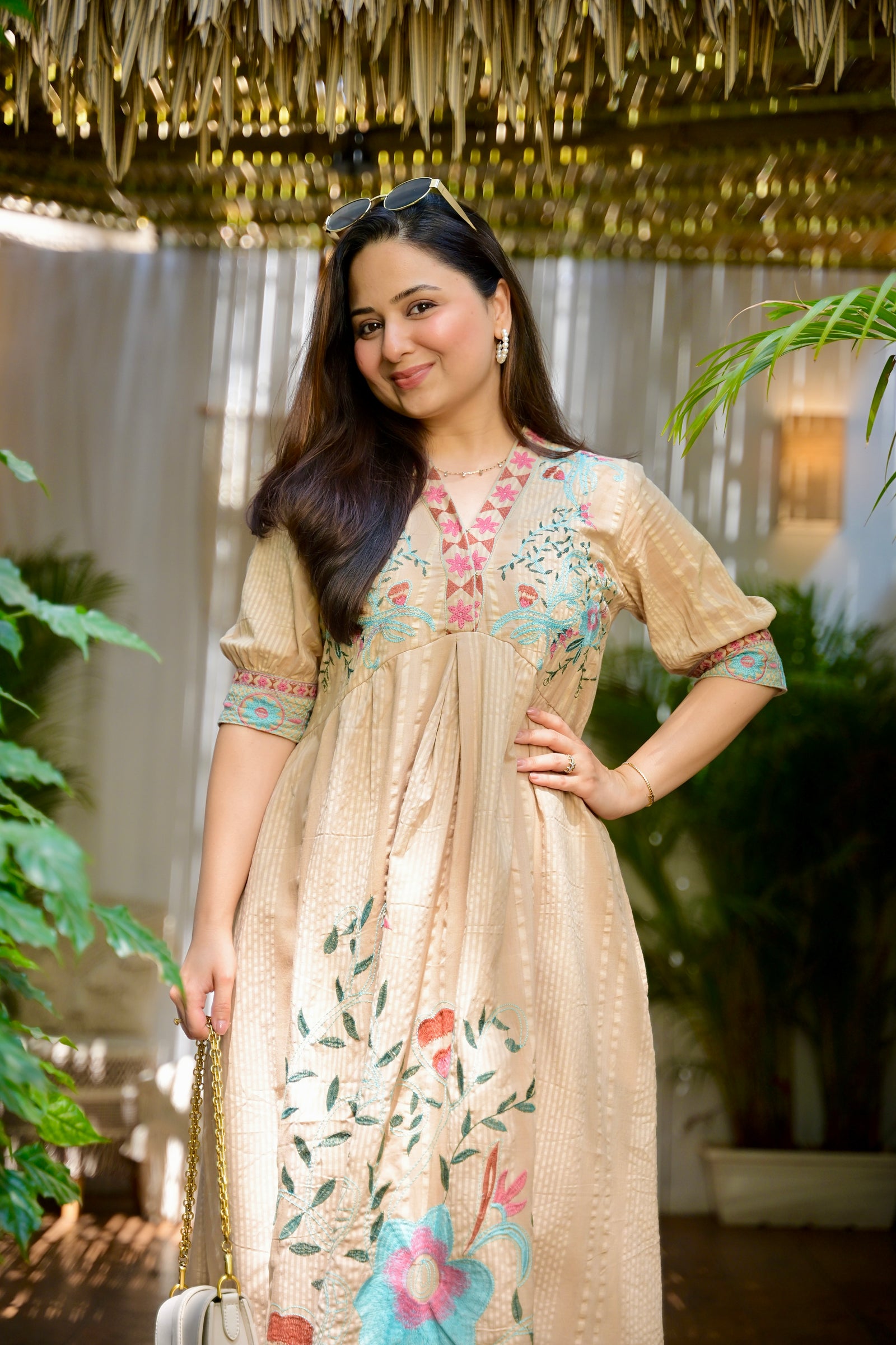 Champagne Beige Threadwork A Line Pure Cotton Comfy Maxi Dress For