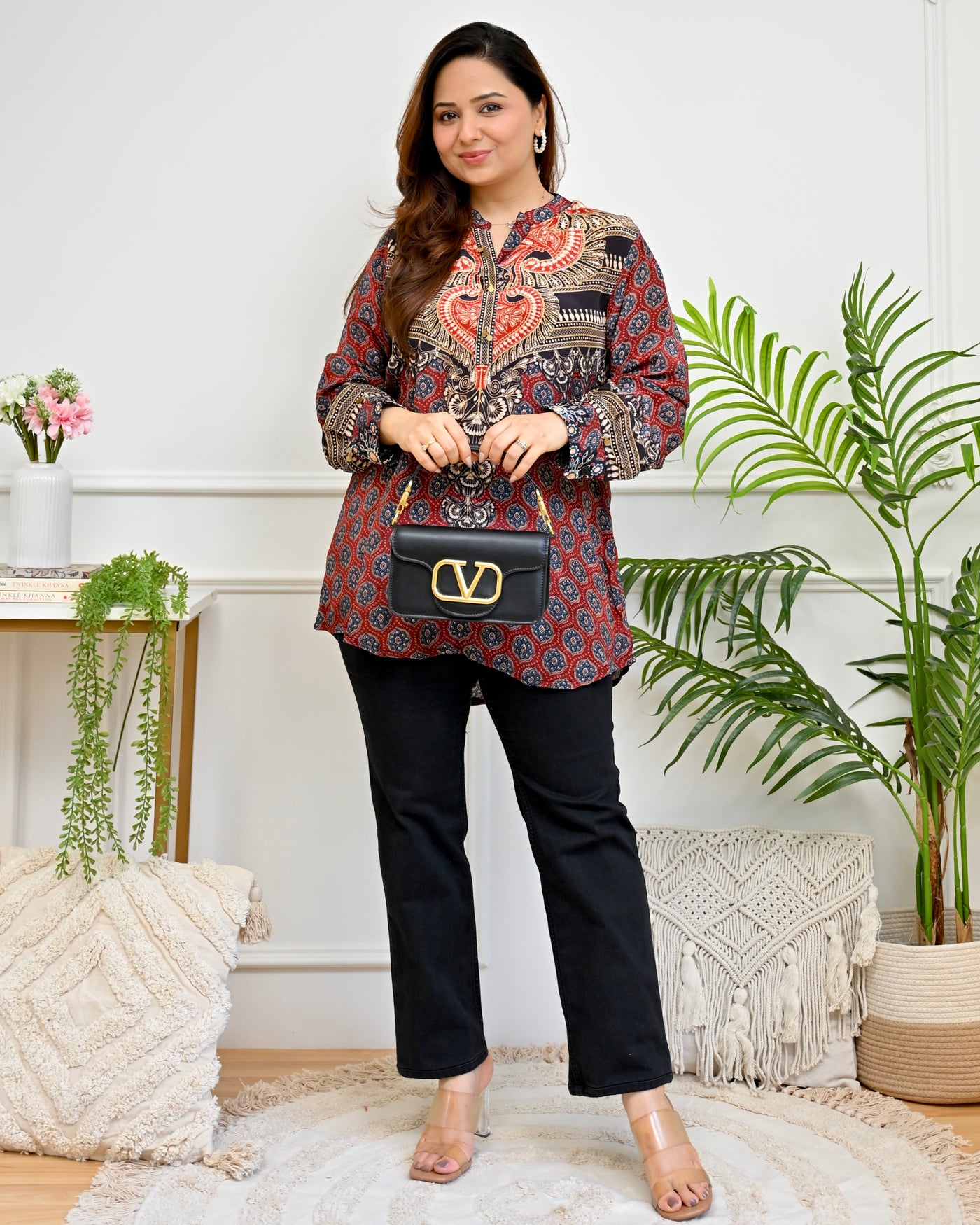 Black Crimson Mughal Ajrakh Crepe Shirt