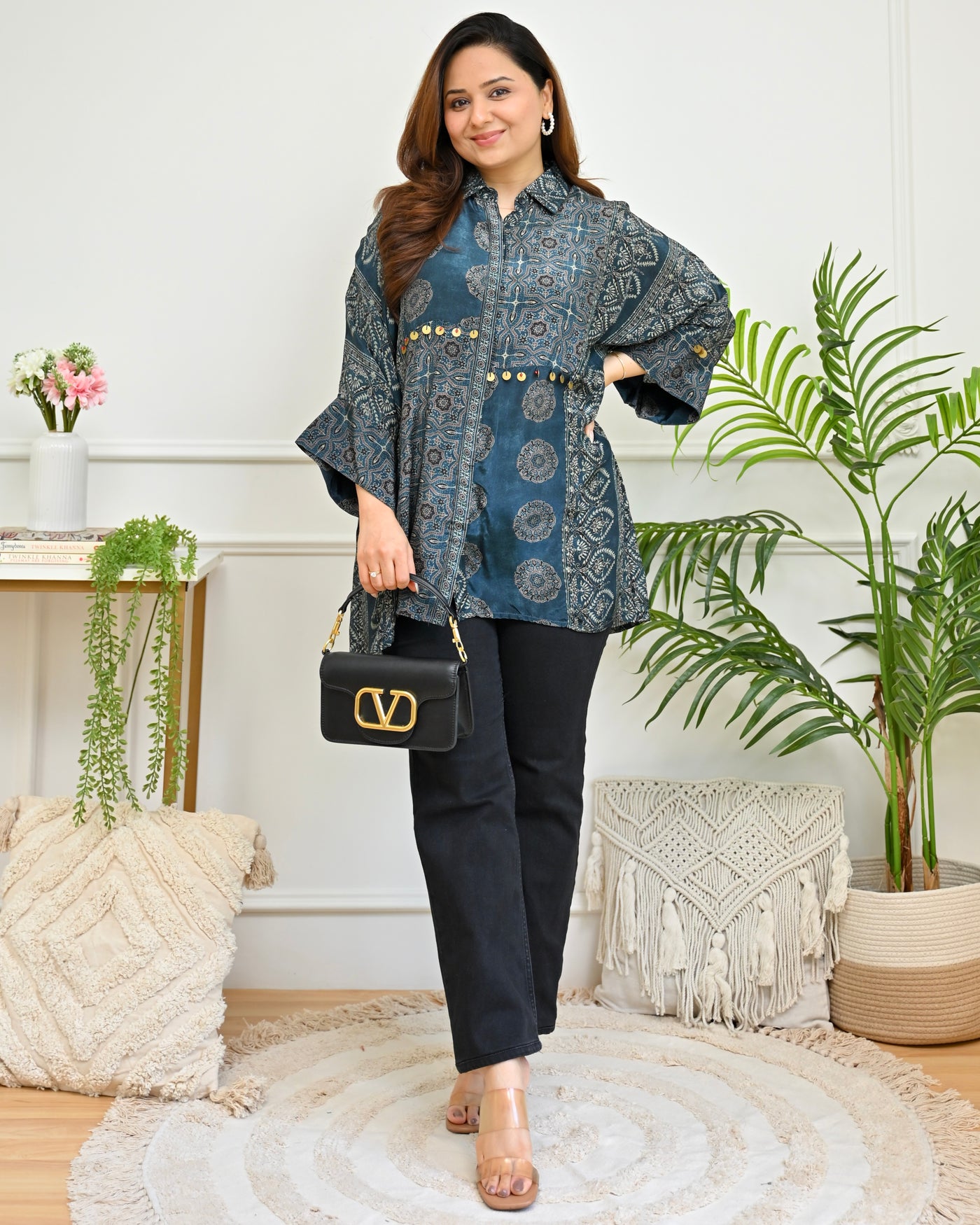 Teal Blue Mosaic Coin Ajrakh Crepe Shirt