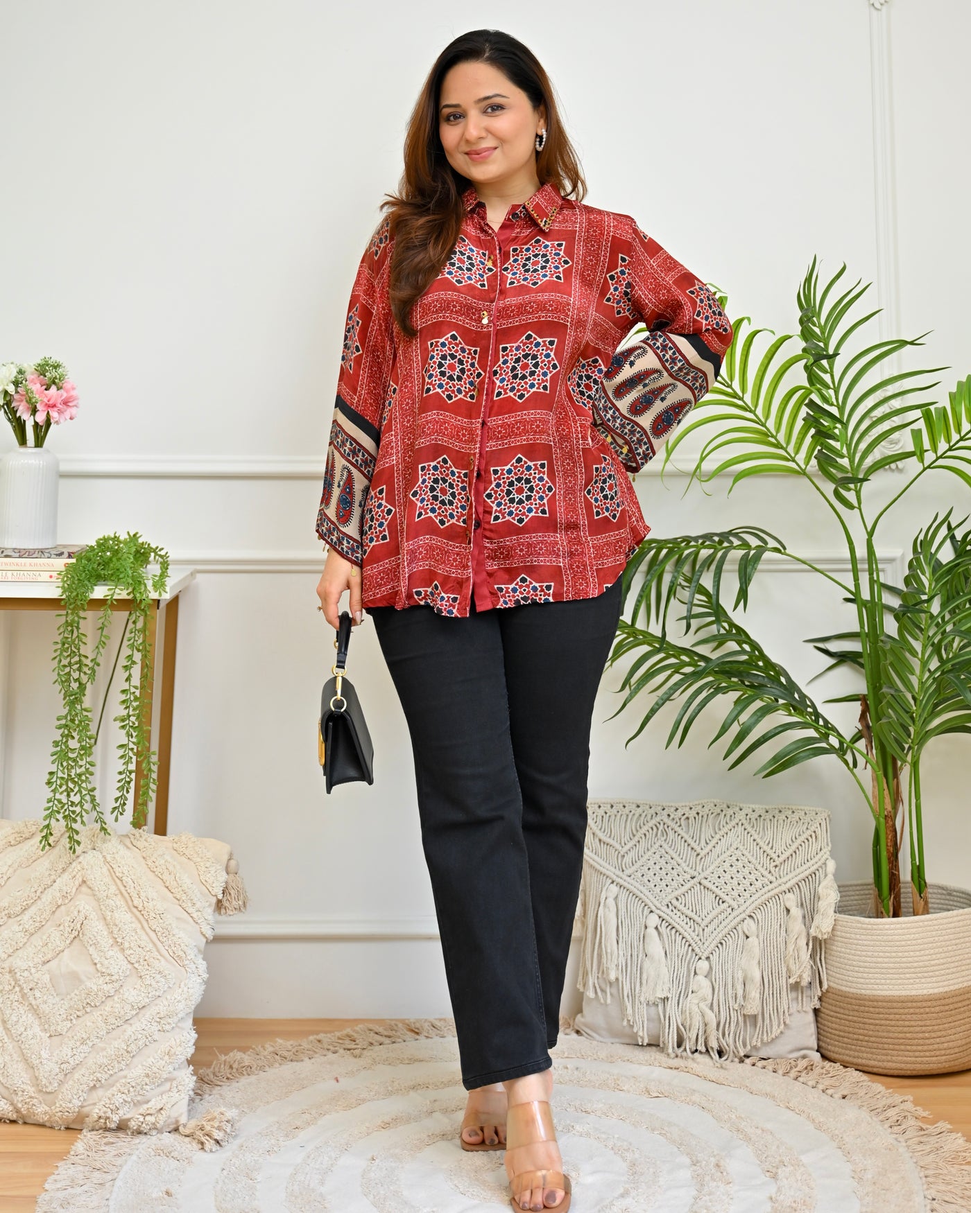 Crimson Paisley Coin Crepe Ajrakh Shirt