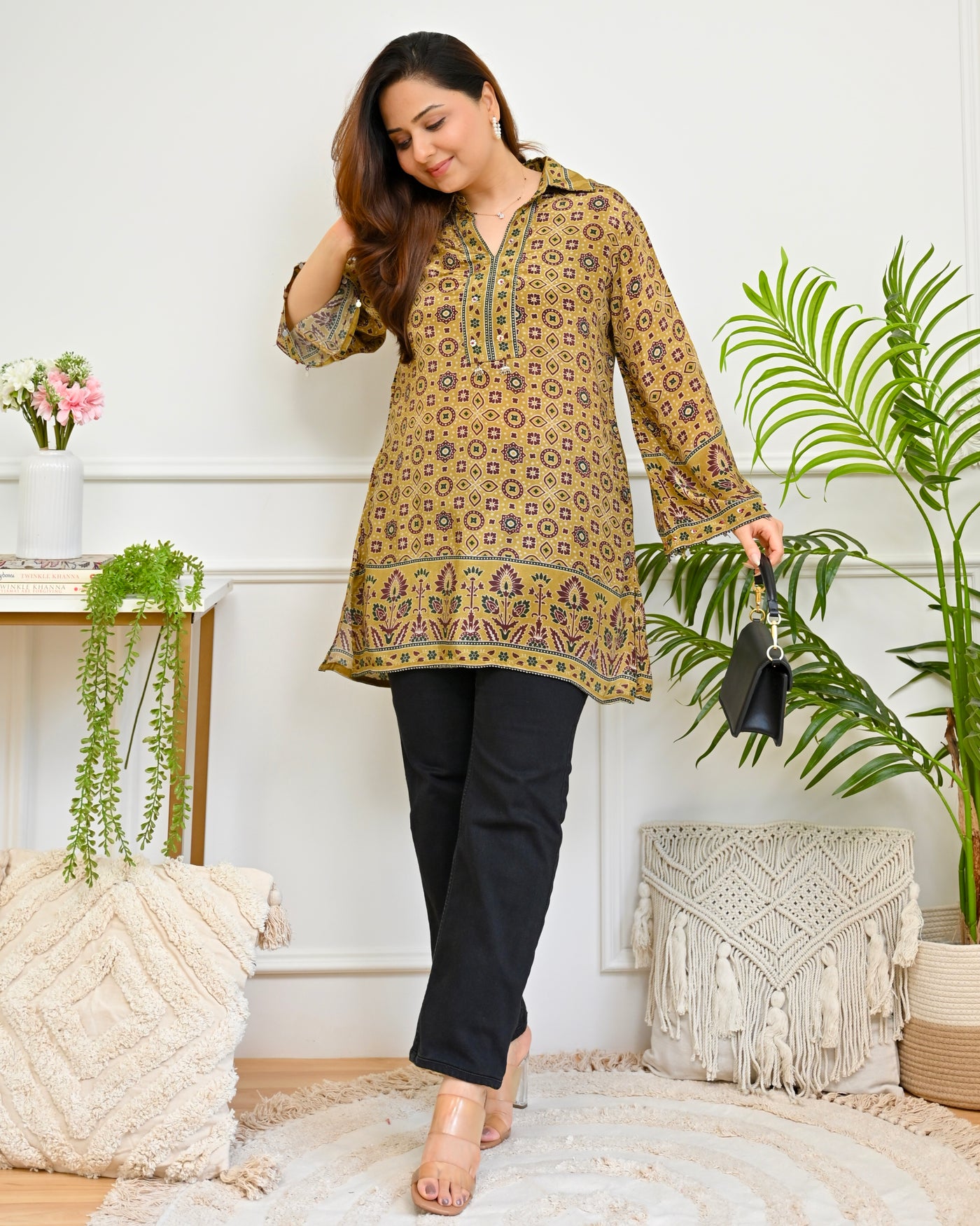 Olive Mustard Botanical Ajrakh Crepe Shirt