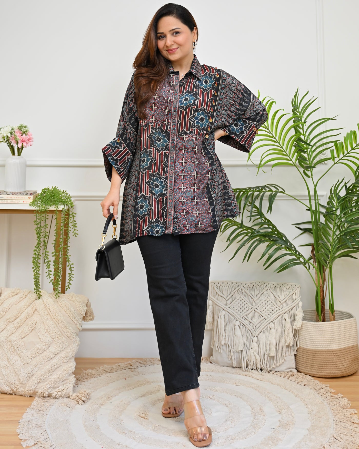 Midnight Asymmetric Mosaic Crepe Ajrakh Shirt