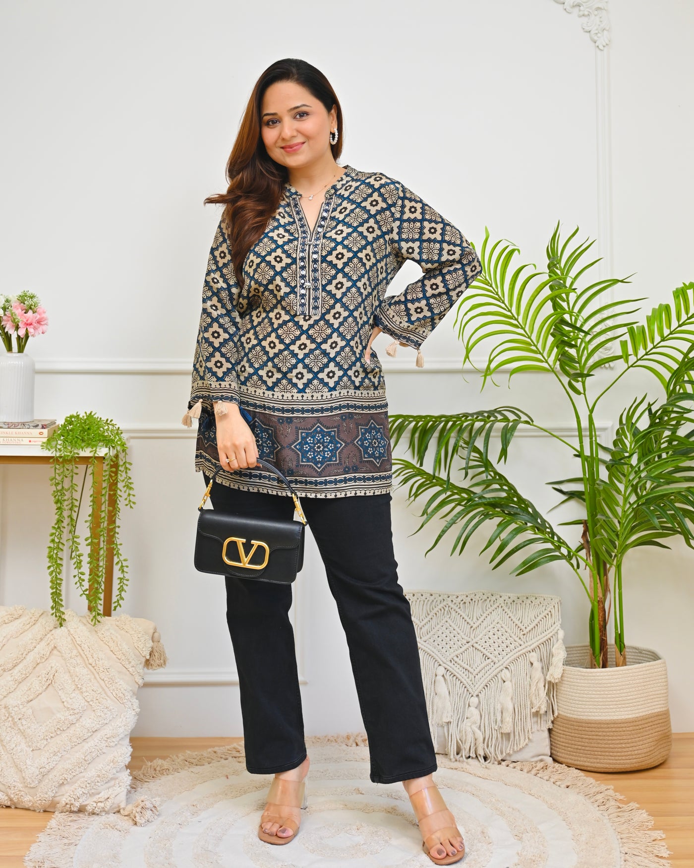 Teal Tassel Mosaic Ajrakh Crepe Shirt