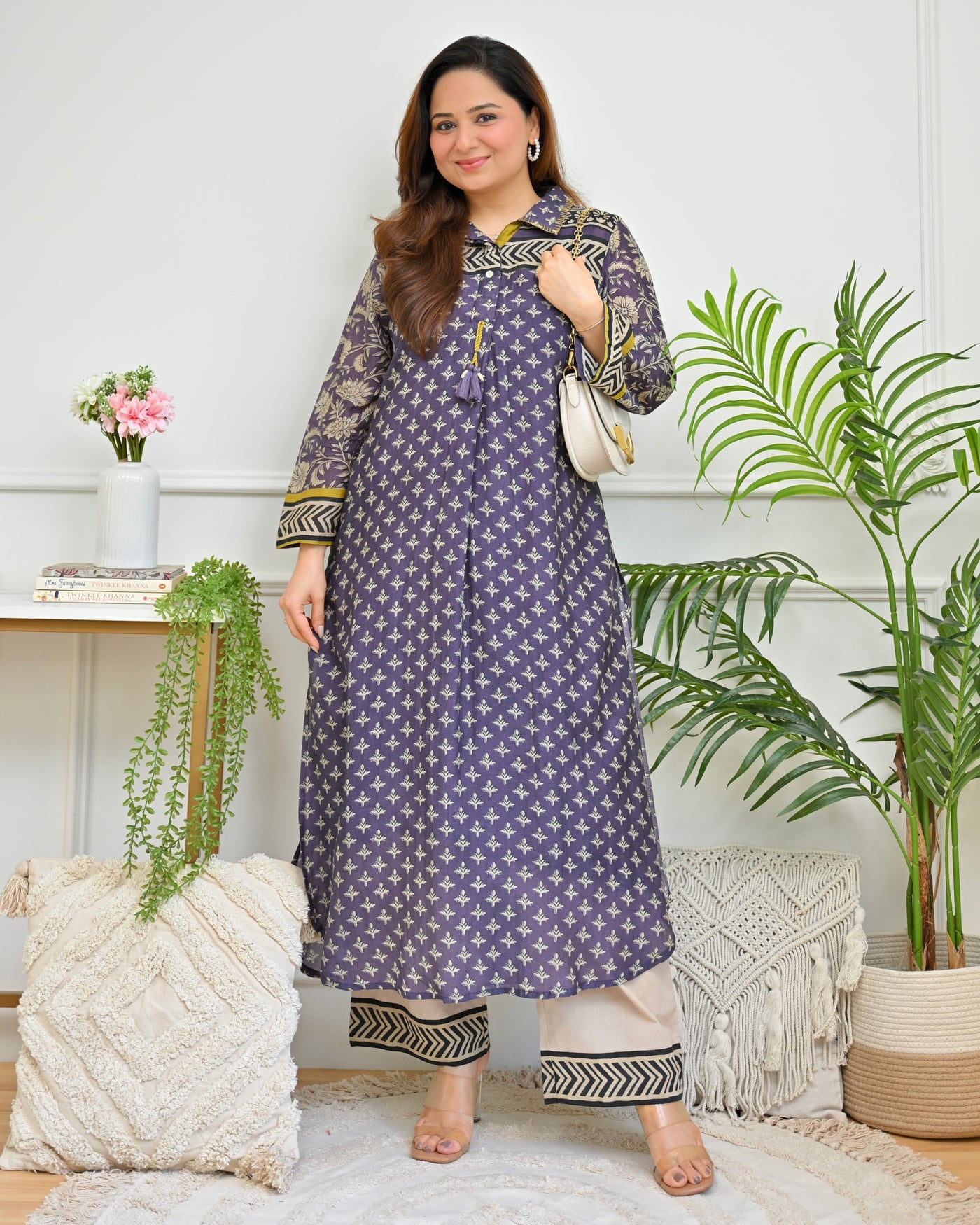 Lavender Floral Jaal Mul Chanderi Kurta Set