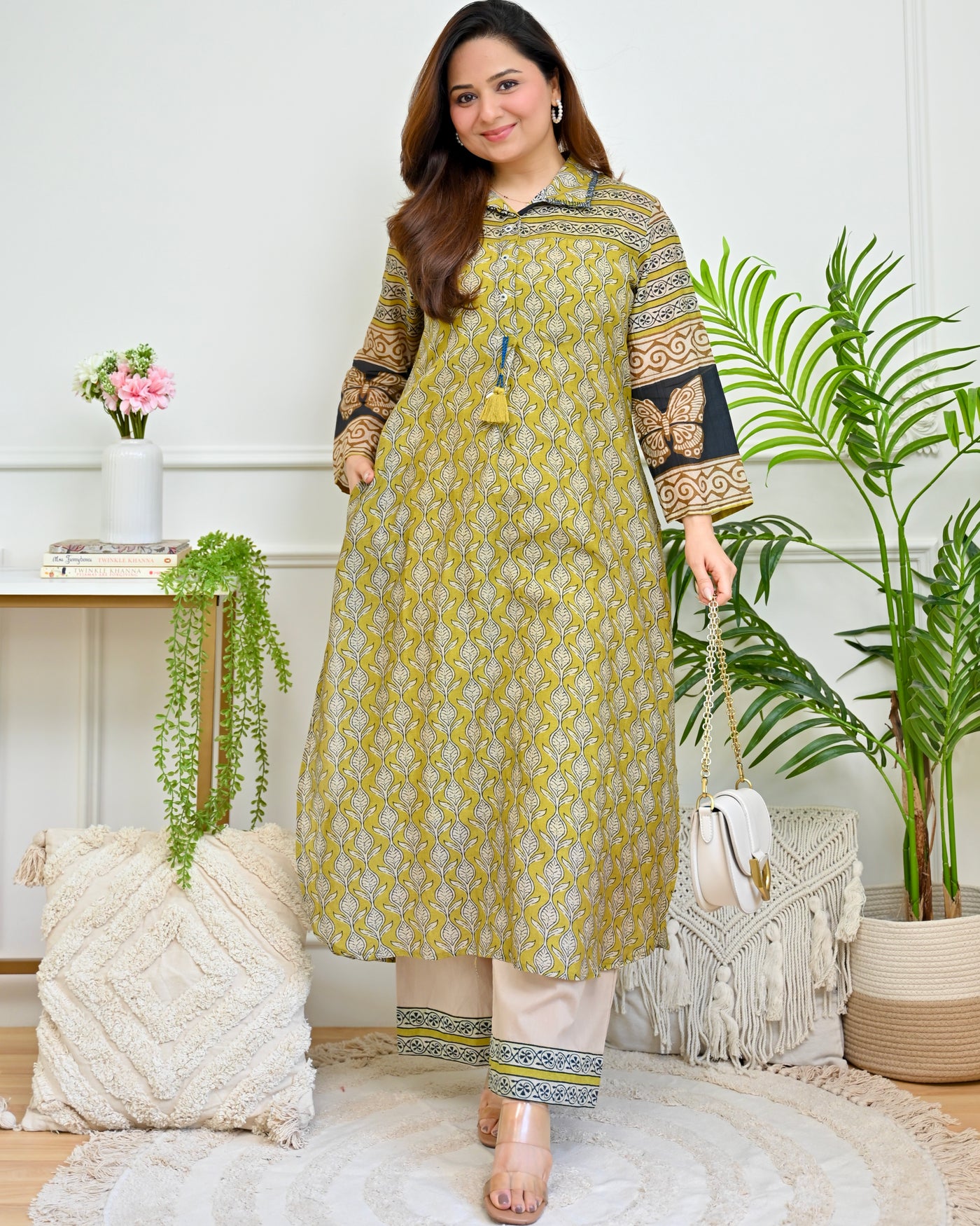 Mustard Leaf Bloom Mul Chanderi Kurta Set