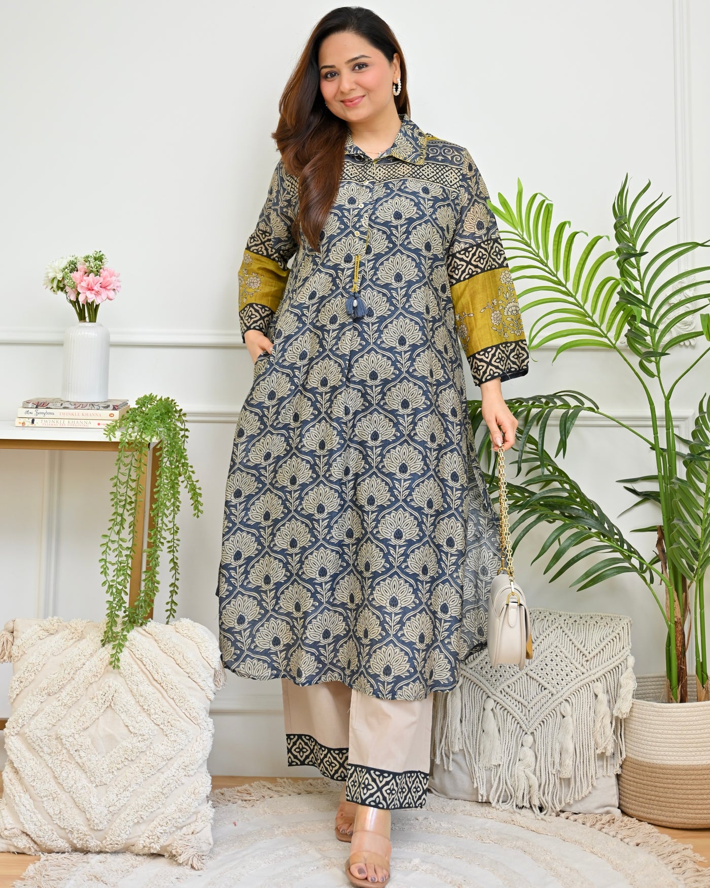 Smokey Blue Baagh Mul Chanderi Kurta Set