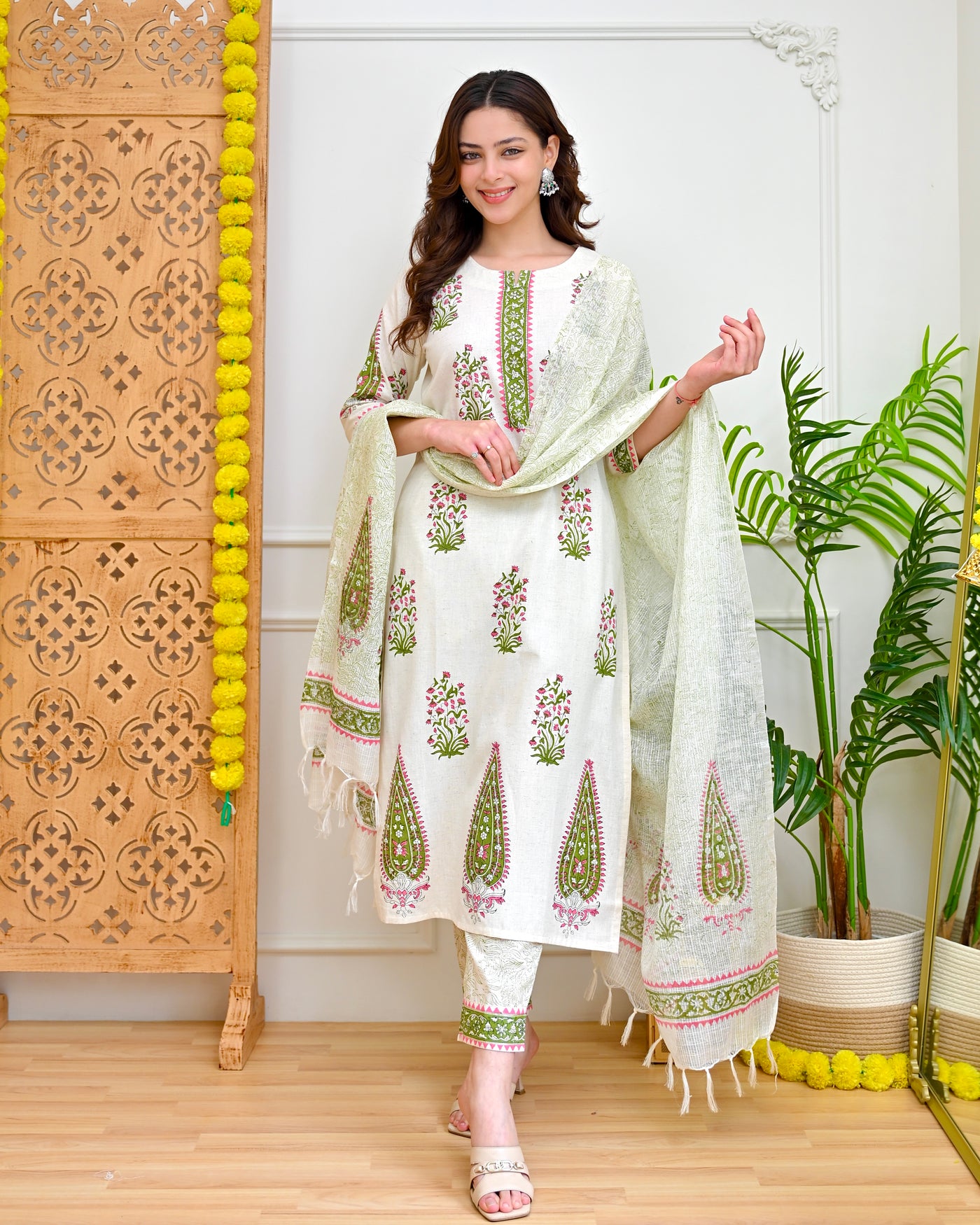 Ivory Pink Green Gul Bagh Cotton Suit