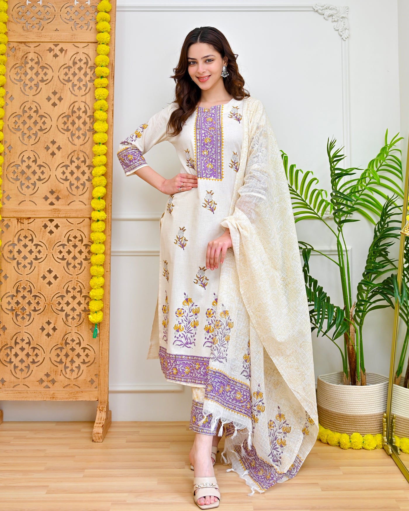 Ivory Lilac Mustard Gul Bagh Cotton Suit