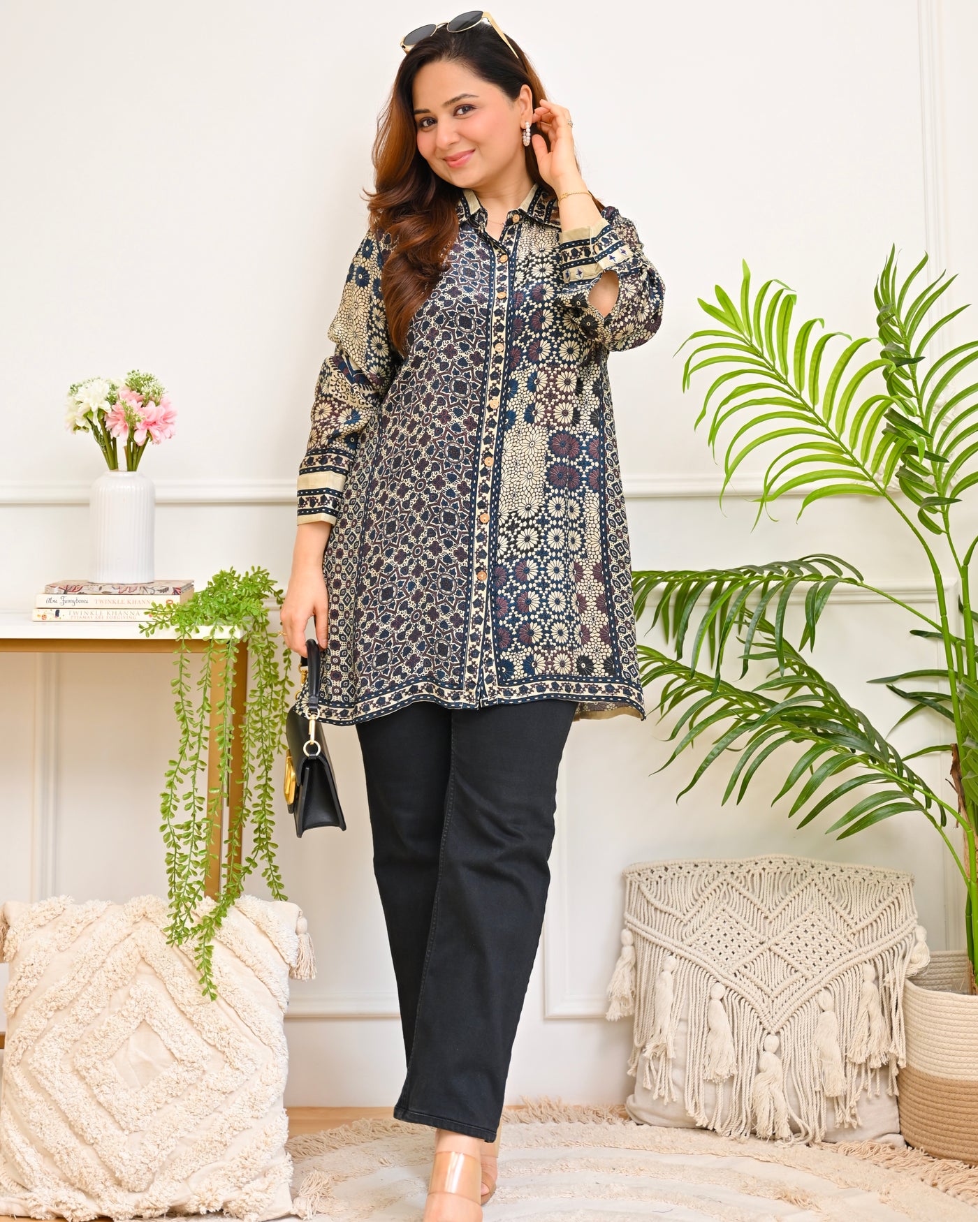 Mahira Blue Ajrakh Mosaic Crepe Shirt