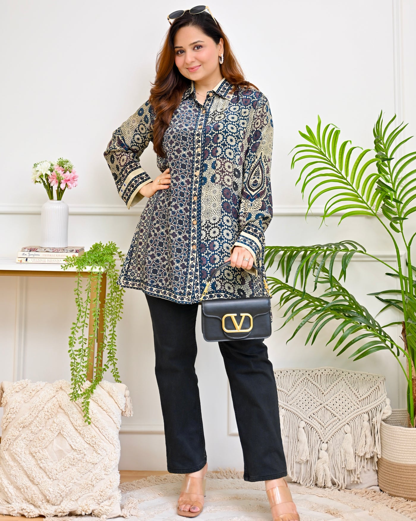 Mahira Blue Ajrakh Mosaic Crepe Shirt