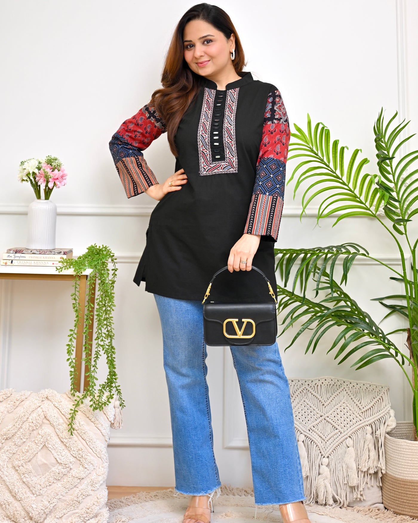 Black Ajrakh Mirror Cotton Tunic