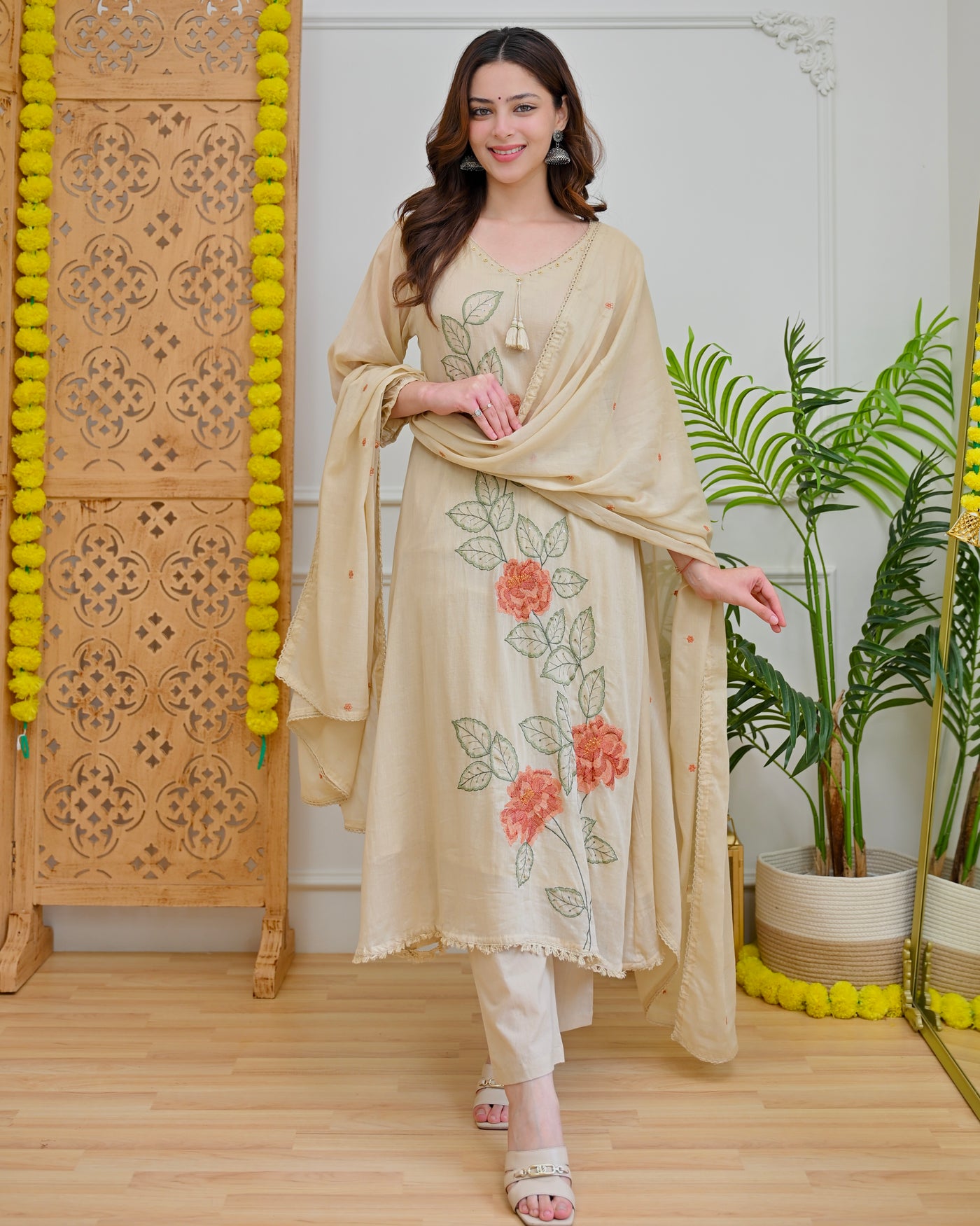 Ivory Gulmohar Threadwork Mul Cotton A Line Suit