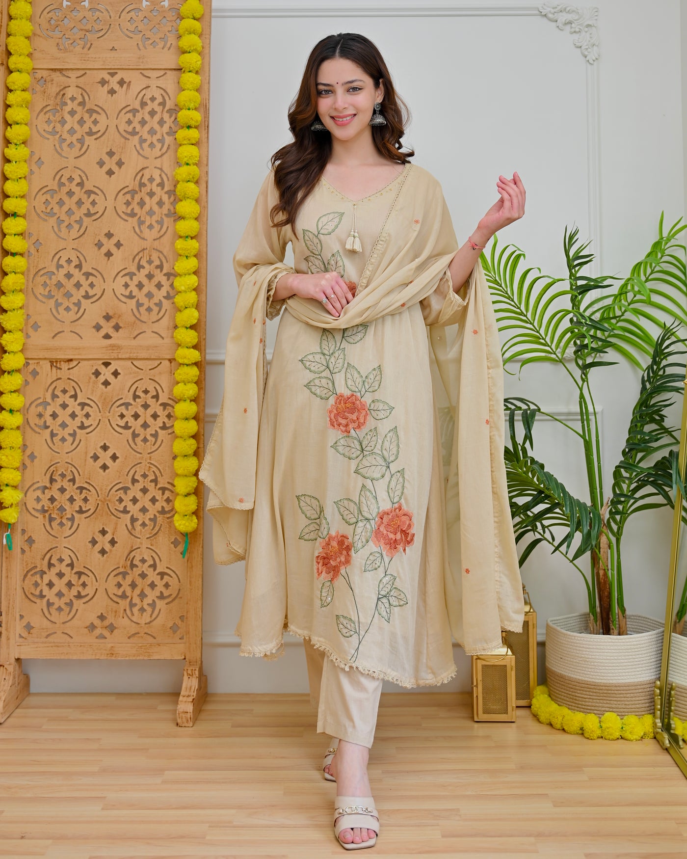 Ivory Gulmohar Threadwork Mul Cotton A Line Suit
