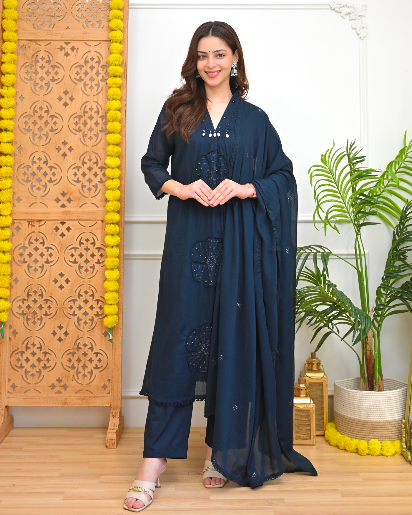 Navy Nazaara Pearl Flora Mul Cotton A Line Suit