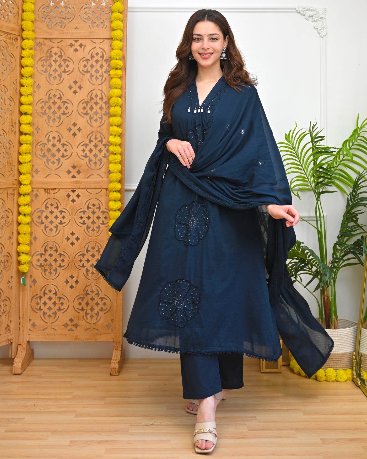 Navy Nazaara Pearl Flora Mul Cotton A Line Suit