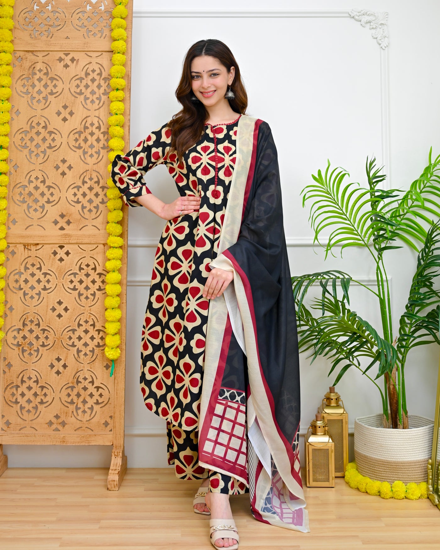 Crimson Black Clover Floral Cotton A Line Suit