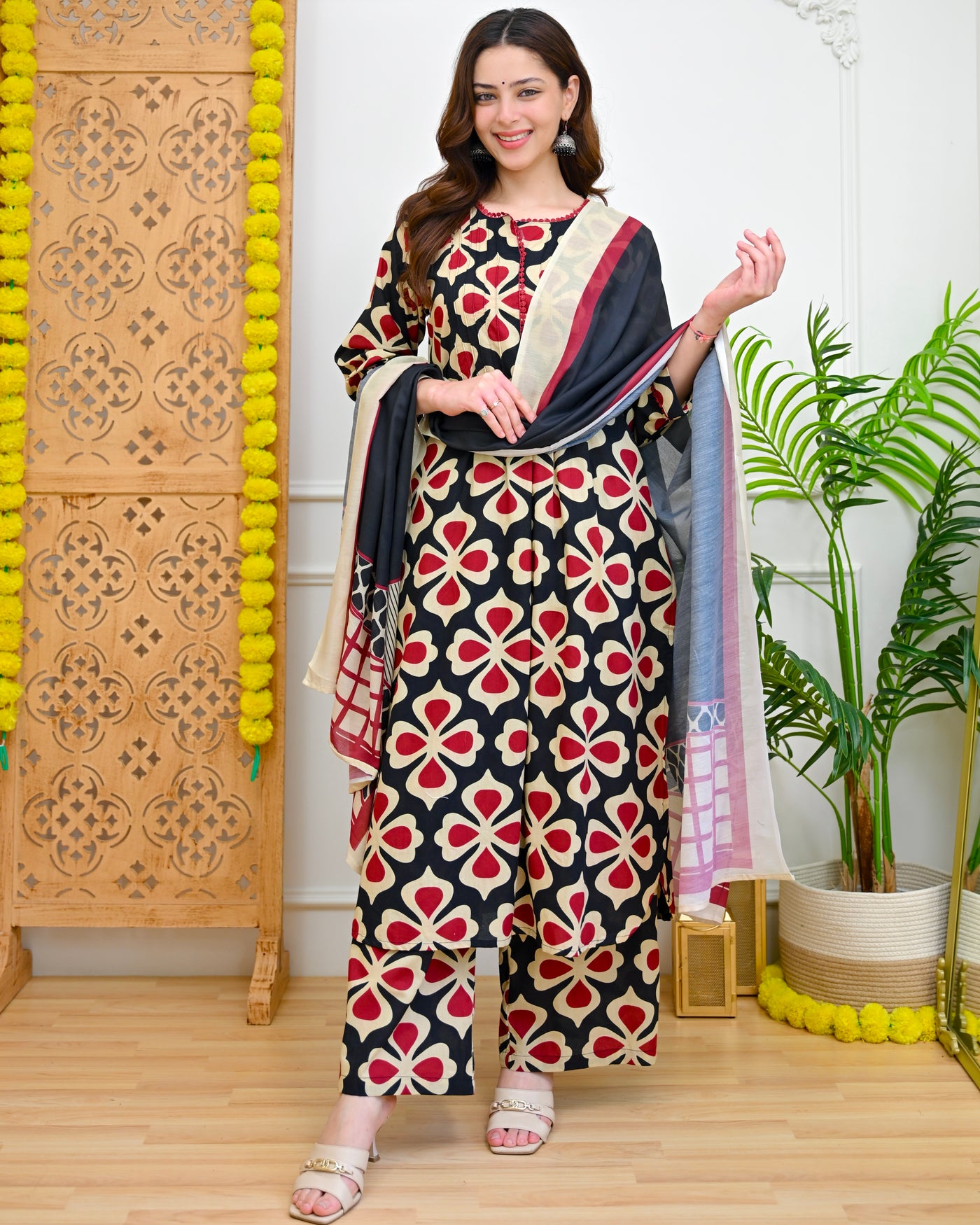 Crimson Black Clover Floral Cotton A Line Suit