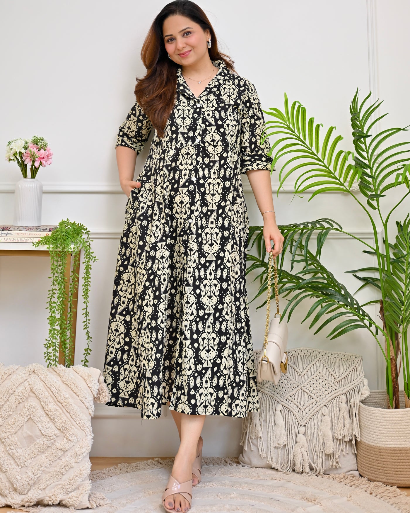 Black Monochrome Ikat Cotton A Line Dress