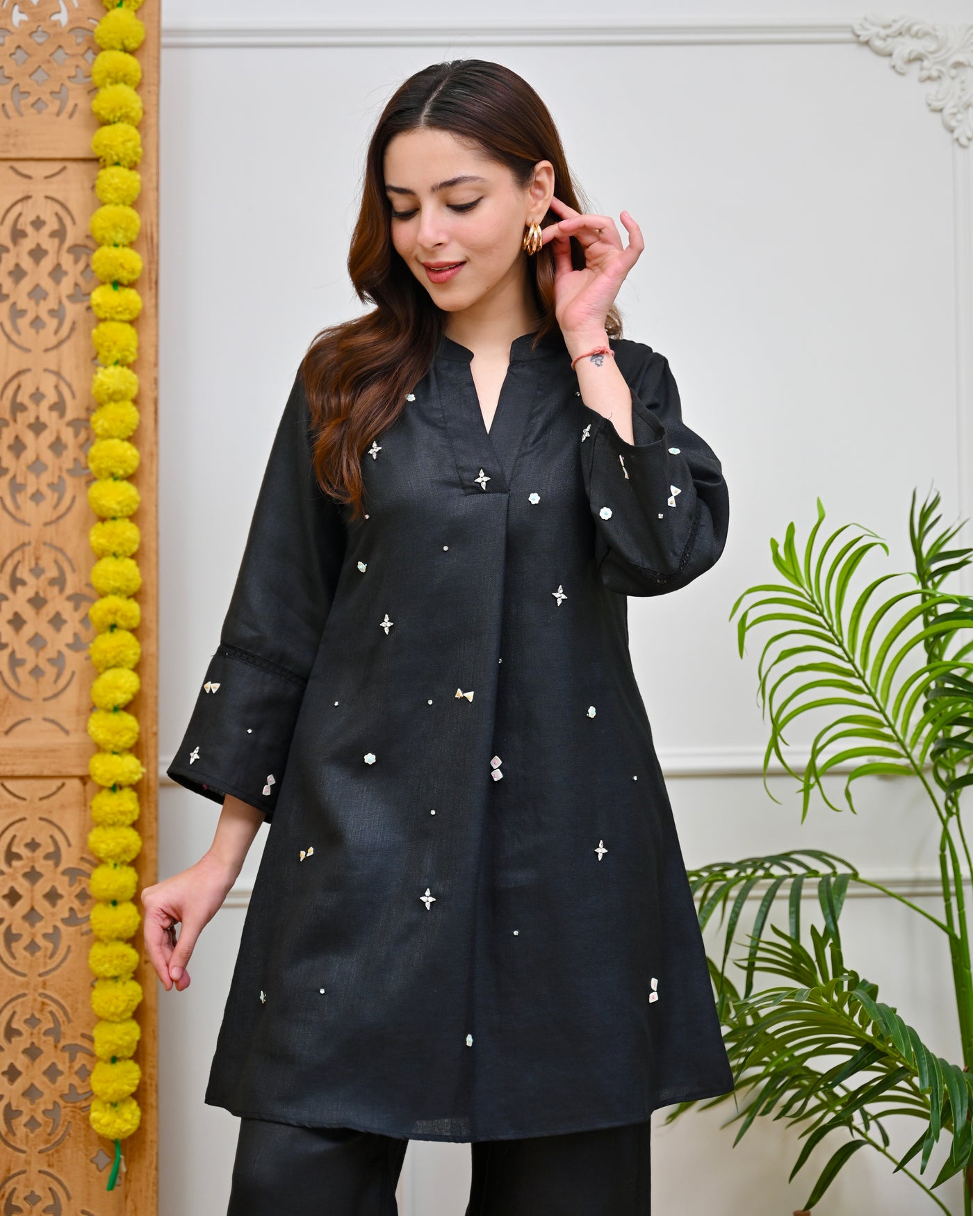 Black Dainty Diamonds Linen Co-ord