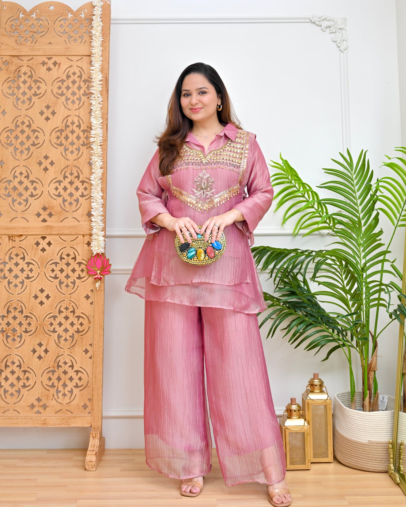 Mauve Mehfil Embellished Crush Tissue Co-ord
