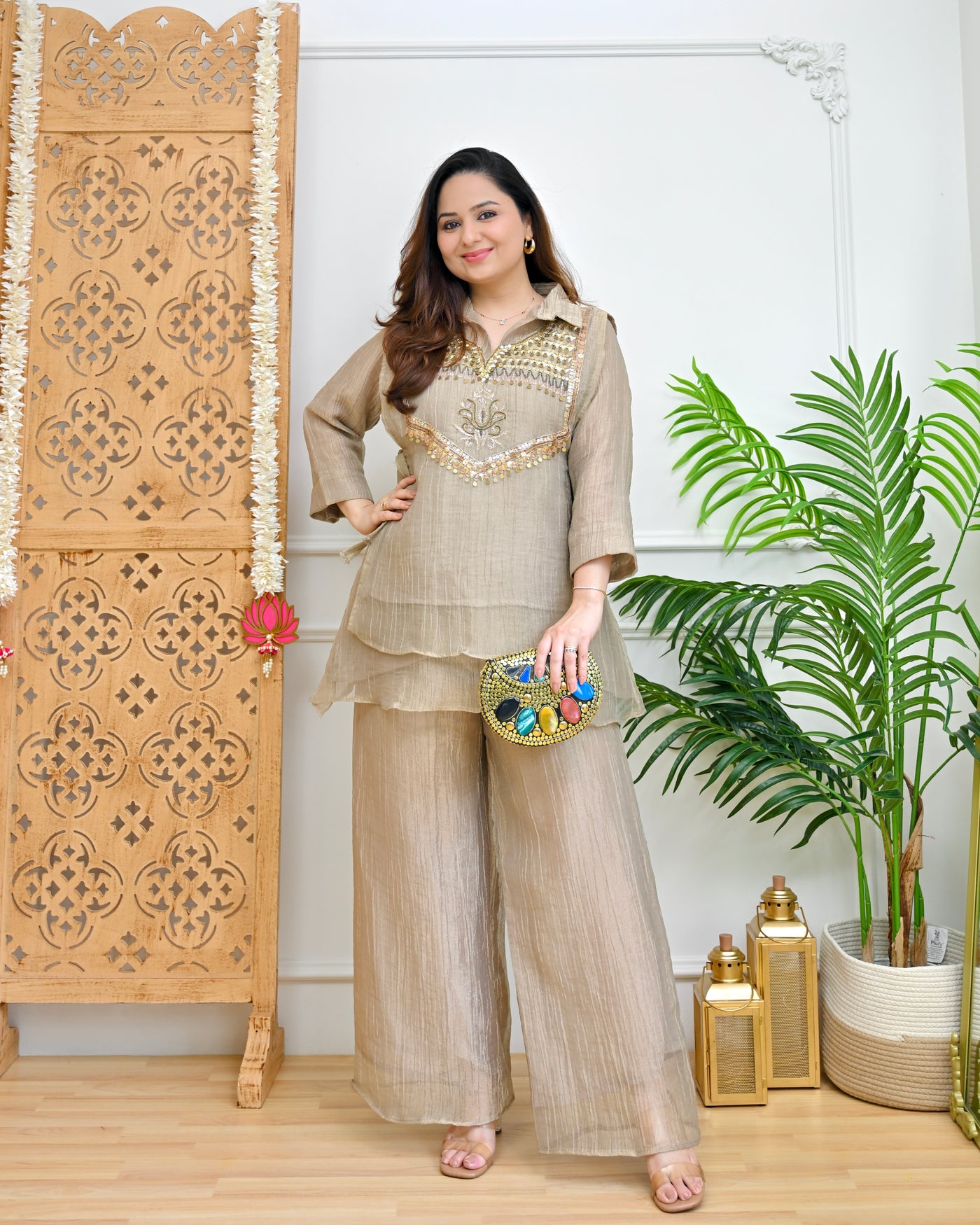 Champagne Noor Embellished Crush Tissue Co-ord