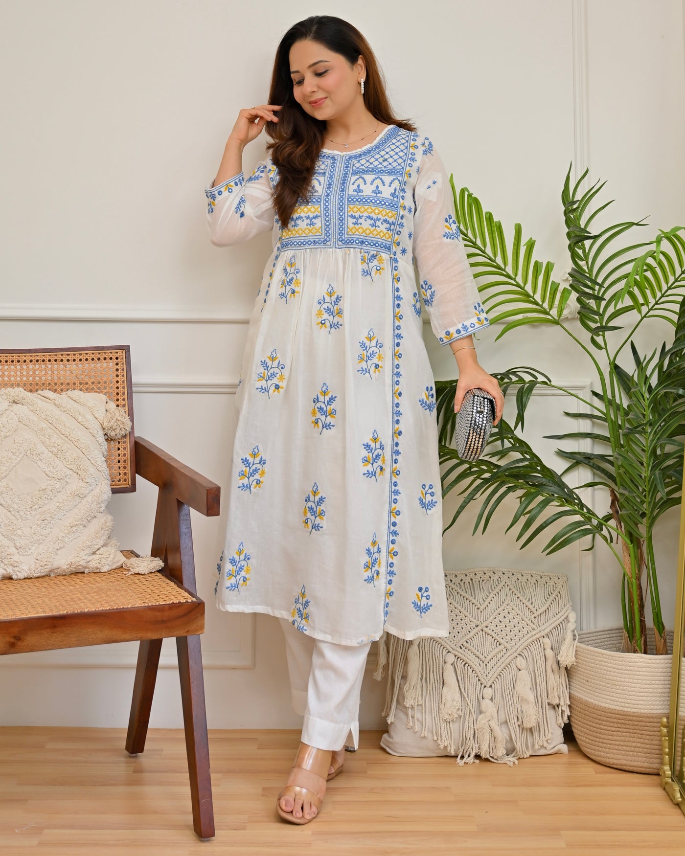 Azure Yellow Sukoon Threadwork Mul Cotton A Line Kurta Set