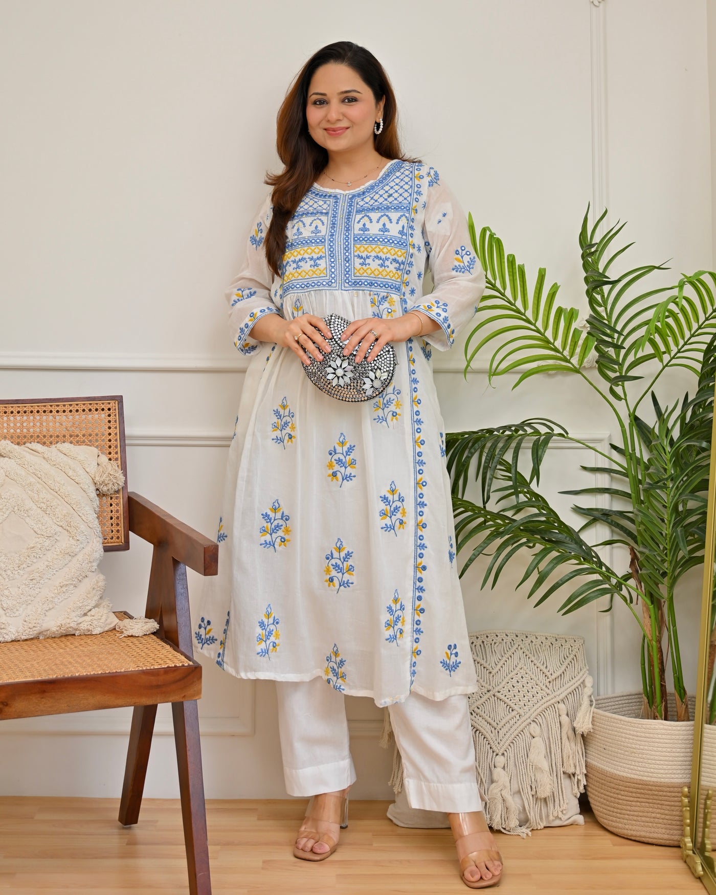 Azure Yellow Sukoon Threadwork Mul Cotton A Line Kurta Set