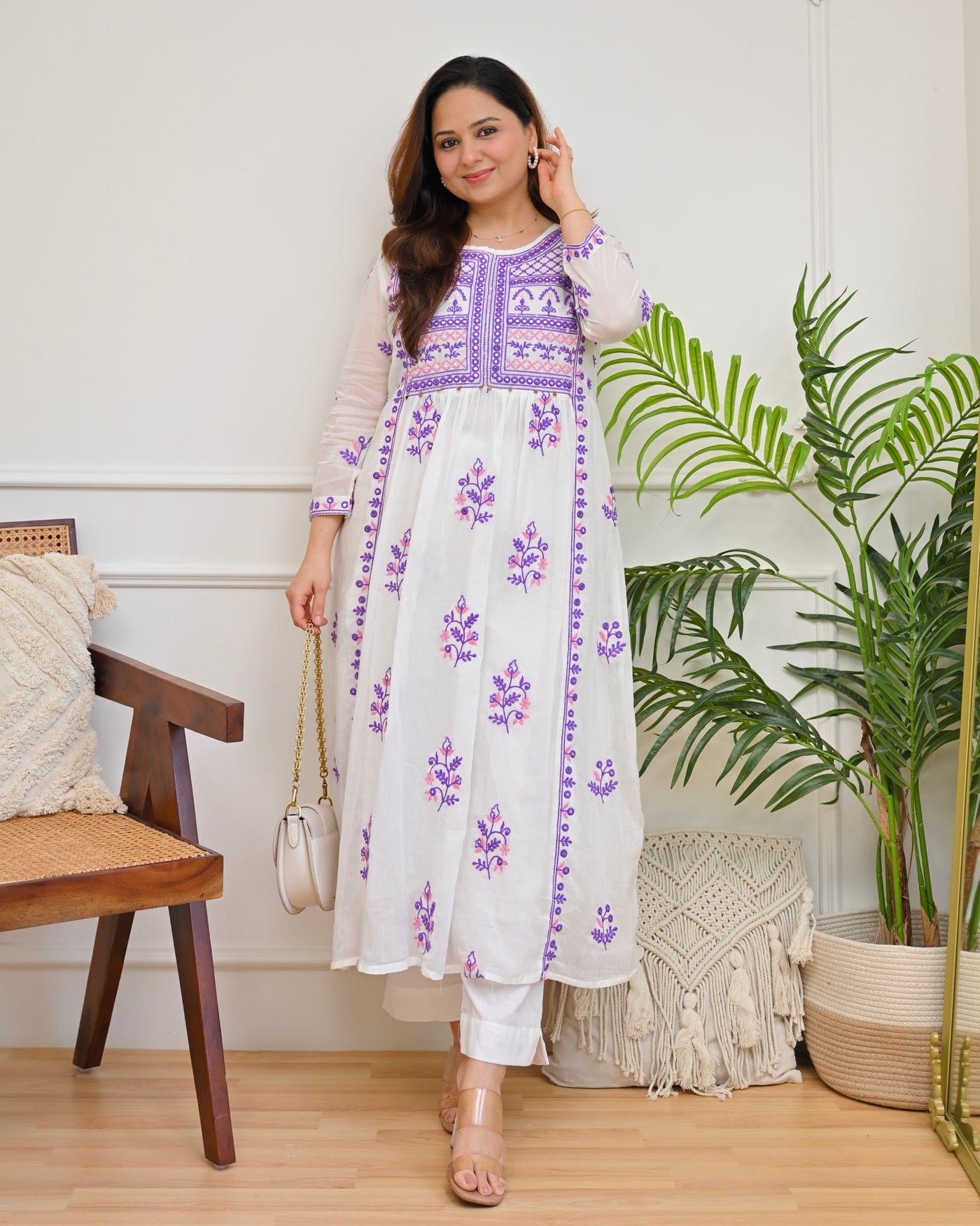Lilac Pink Sukoon Threadwork Mul Cotton A Line Kurta Set