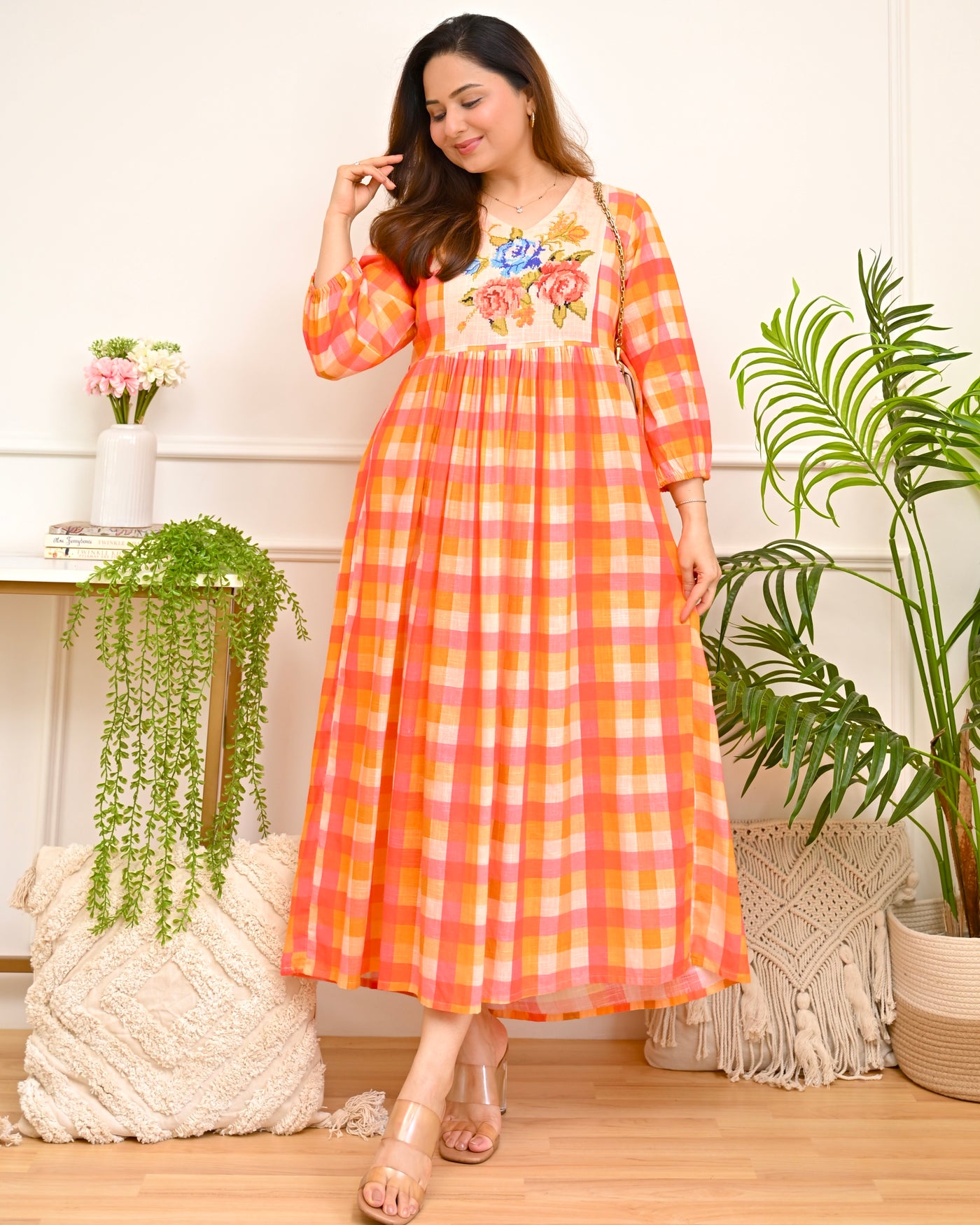 Coral Gingham Garden Cotton A Line Dress