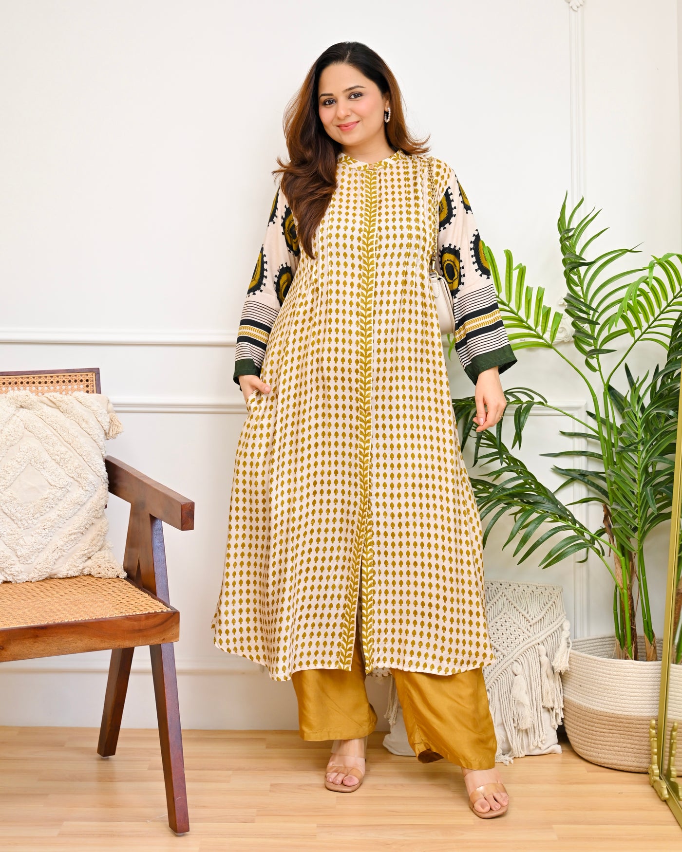 Ivory Mustard Charm A Line Crepe Kurta Set