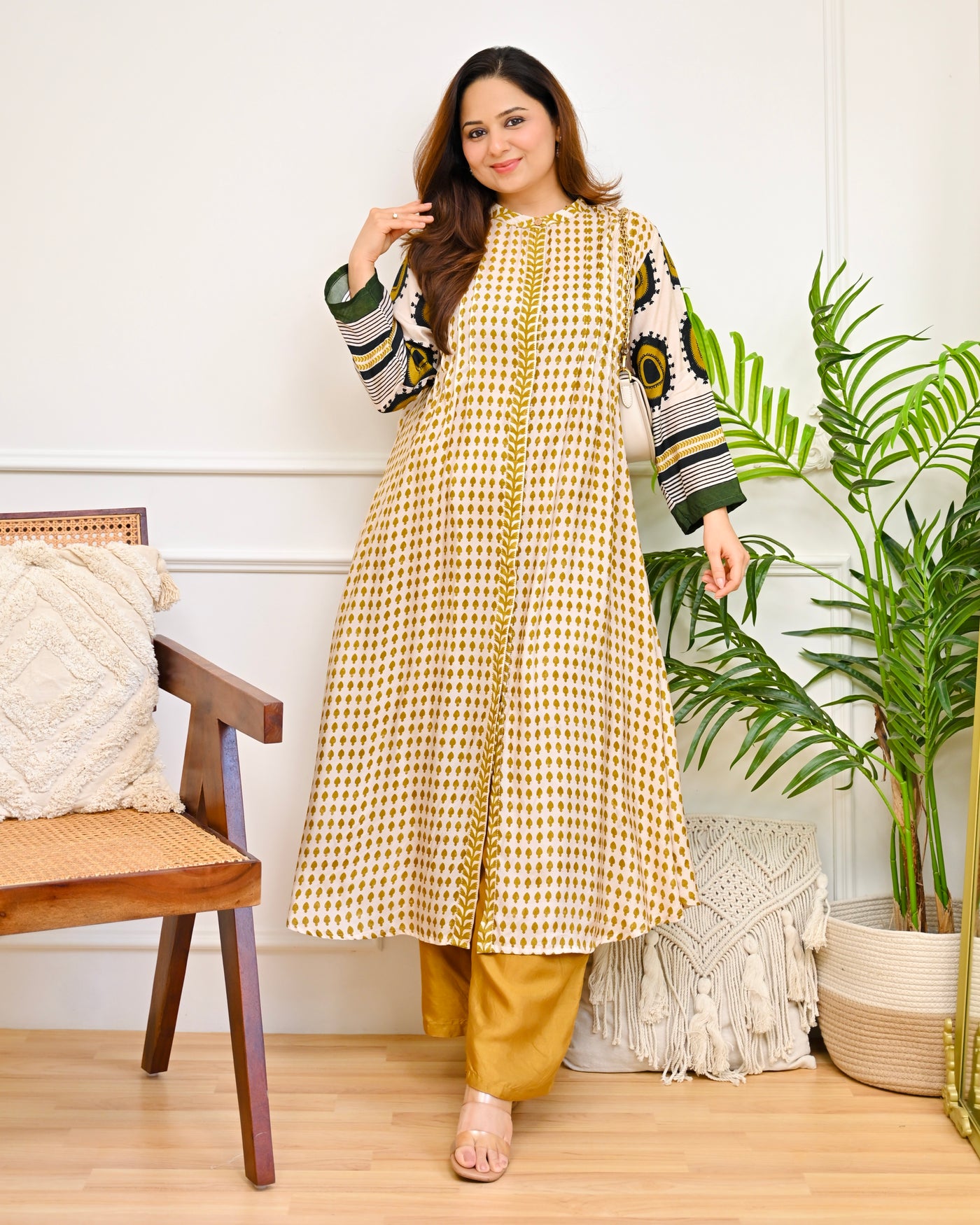 Ivory Mustard Charm A Line Crepe Kurta Set